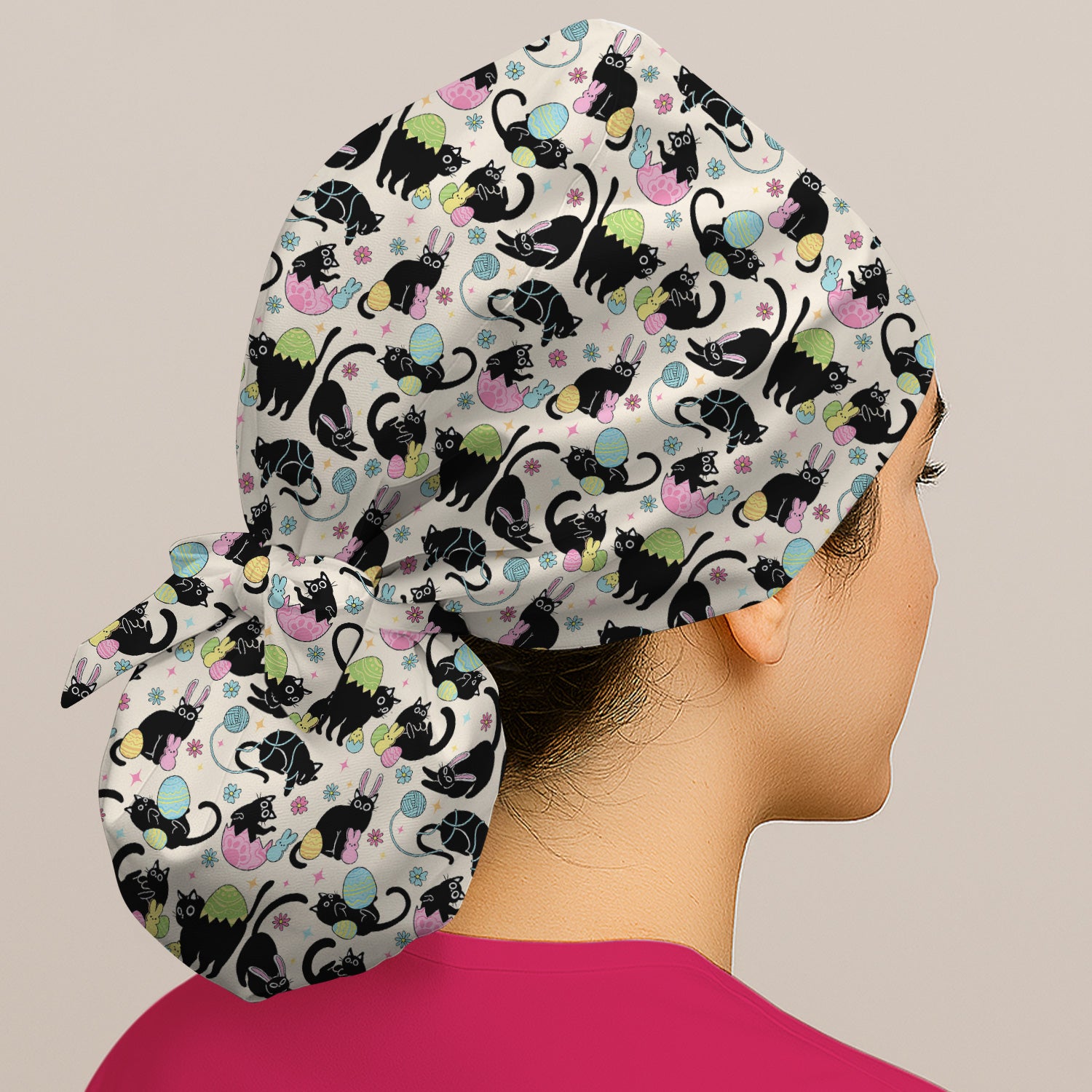 Funny Easter Black Cat Egg Pattern Print Cap, Bouffant Scrub Caps for Women