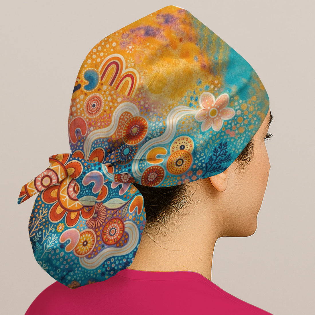 Australian Dot Art Inspired Scrub Cap, Artistic Boho Pattern Nurse Hat, Comfortable Scrubs For Nursing