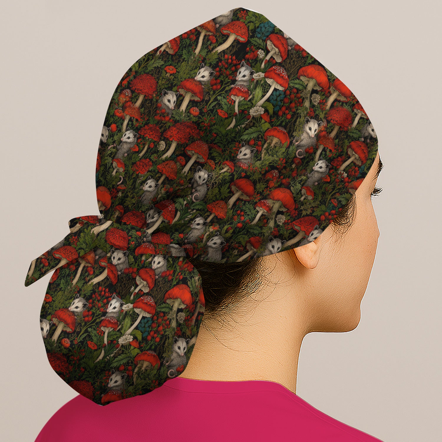 Woodland Opossum Red Mushroom Pattern Scrub Cap, Surgical Caps for Doctors