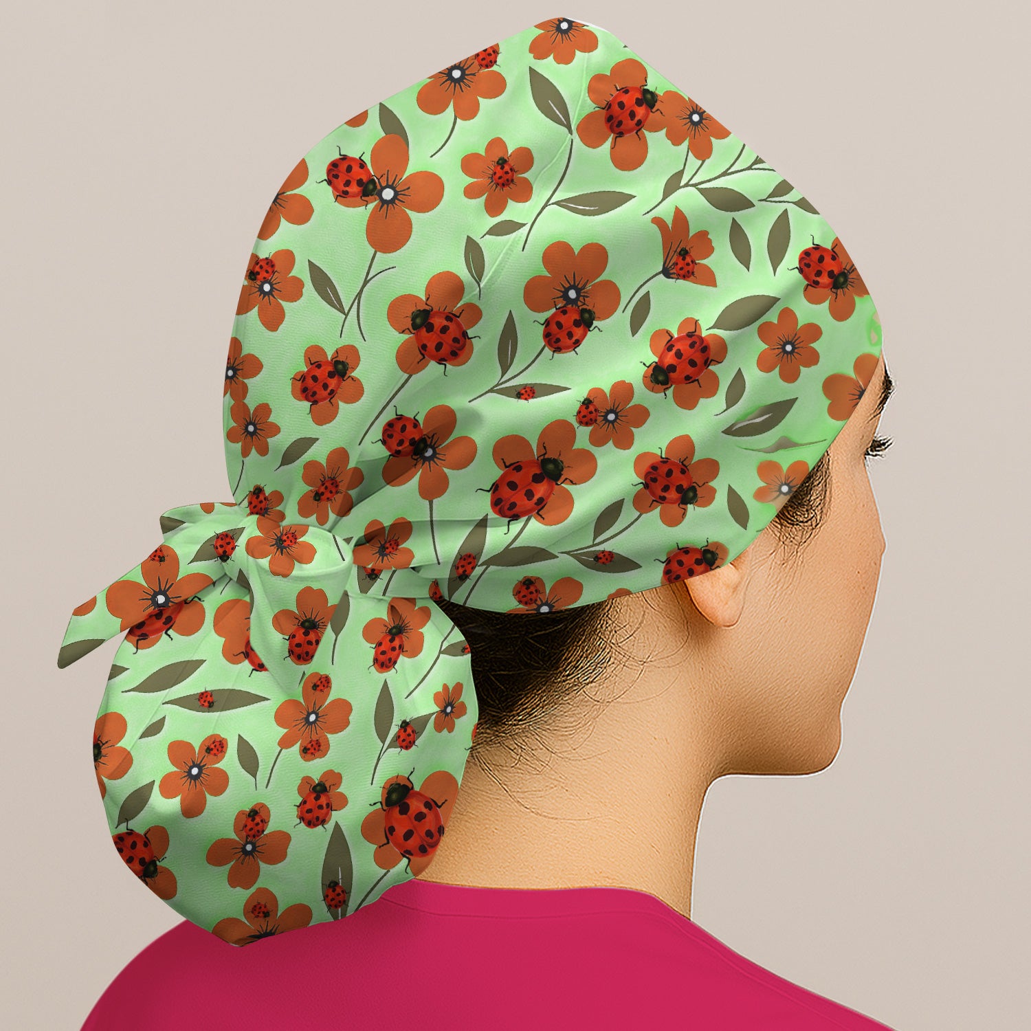 Ladybug on Orange Floral Garden Pattern Scrub Cap, Surgical Caps for Doctors