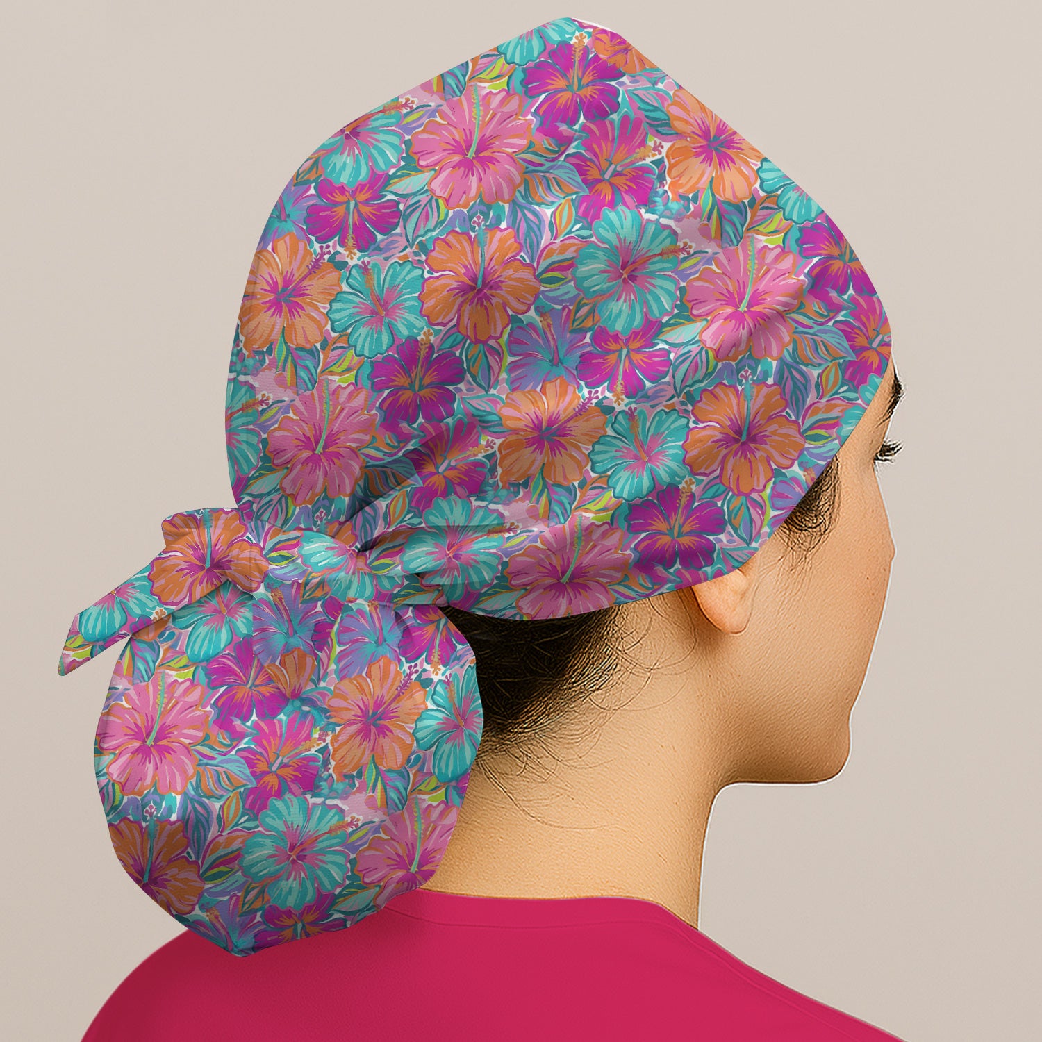 Vibrant Hibiscus Tropical Floral Pattern Scrub Cap, Surgical Caps for Doctors