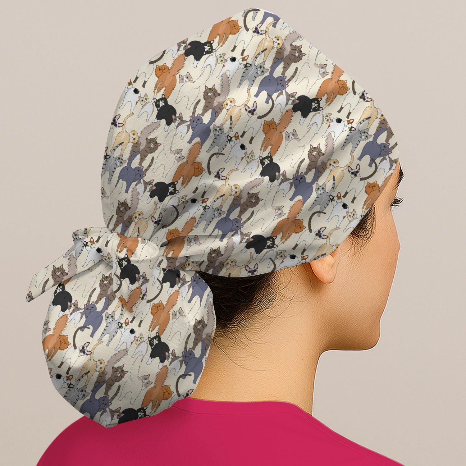 Whimsical Multicolor Cat Cartoon Pattern Cap, Bouffant Scrub Caps for Women
