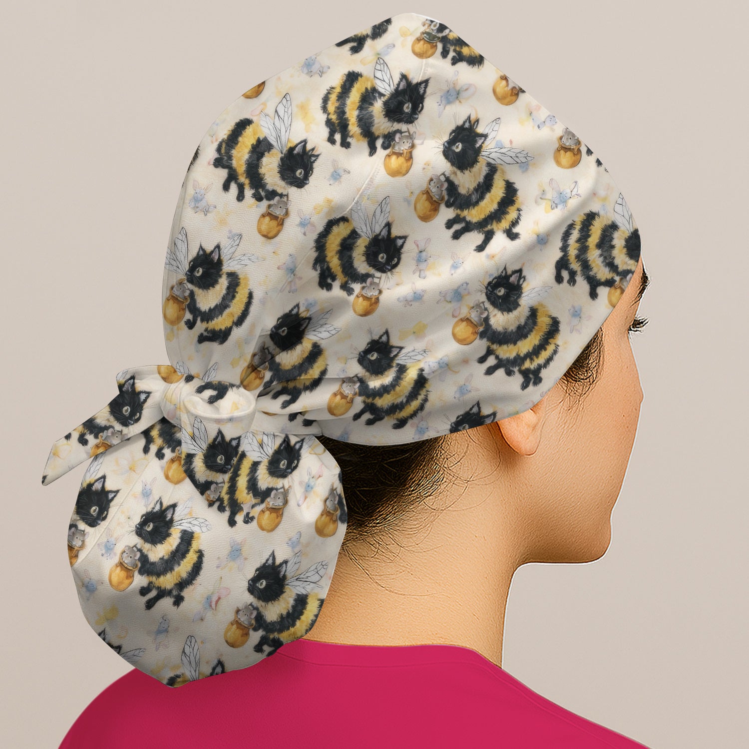 Adorable Nurse Bumblebee Cat Honey Jar Winged Pattern Scrub Cap, Surgical Caps for Doctors
