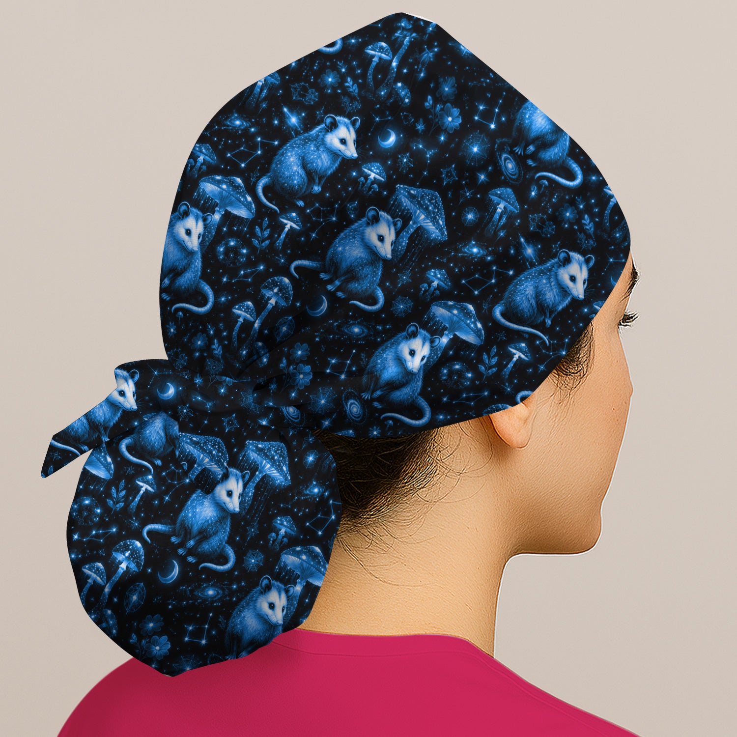 Celestial Blue Opossum With Mushroom Pattern Scrub Cap, Surgical Caps for Doctors