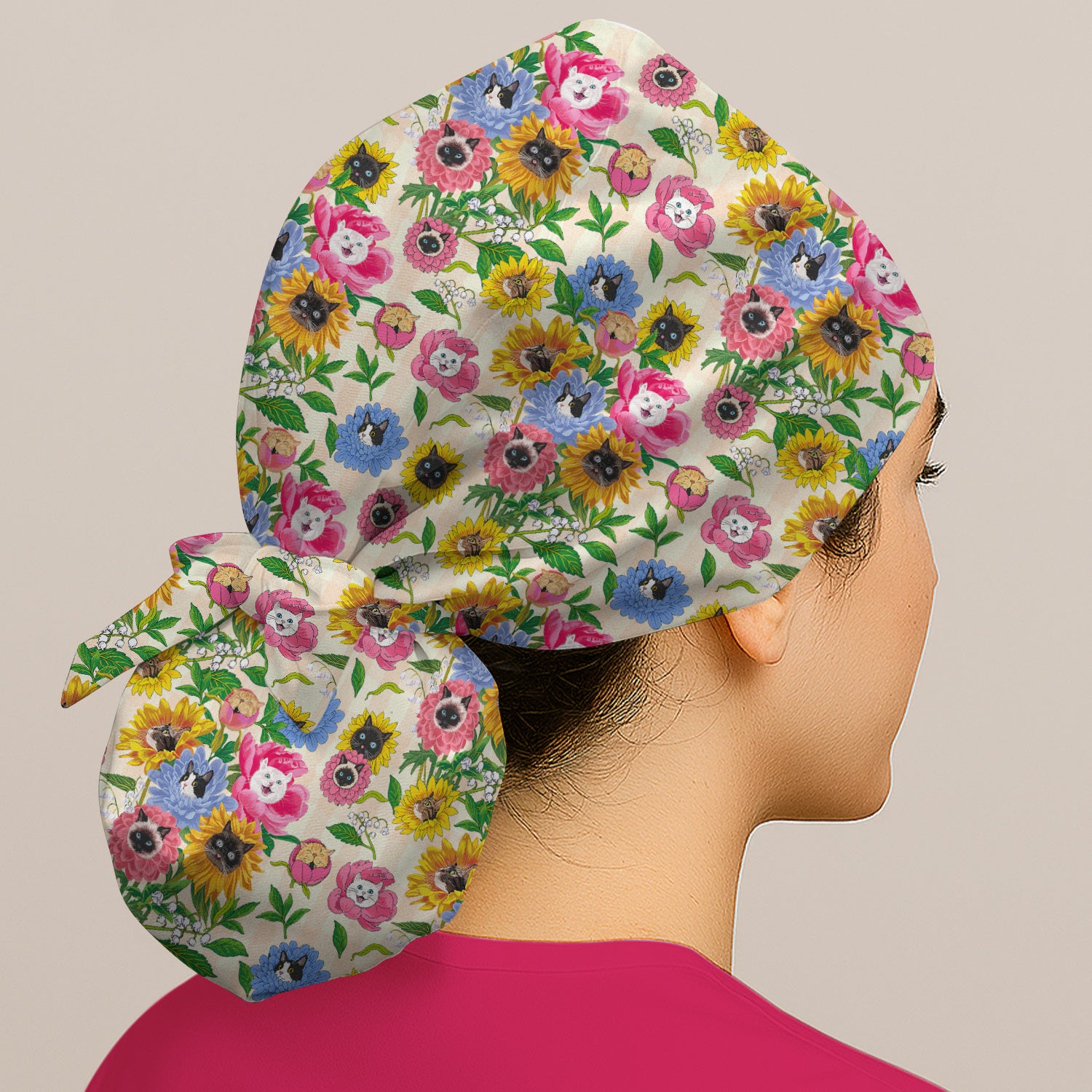 Cat Face Hidden In Colorful Flower Garden Scrub Cap, Surgical Caps for Doctors