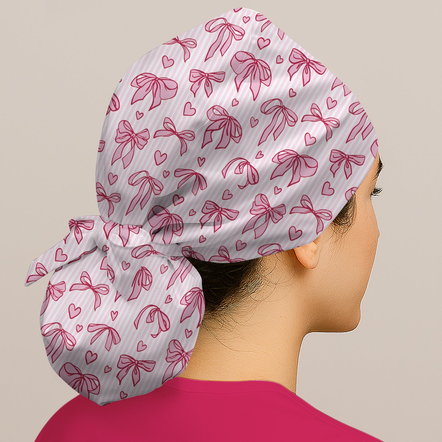 Pink Bow Heart Stripe Pattern Scrub Cap, Breathable Fabrics Caps Uniform
