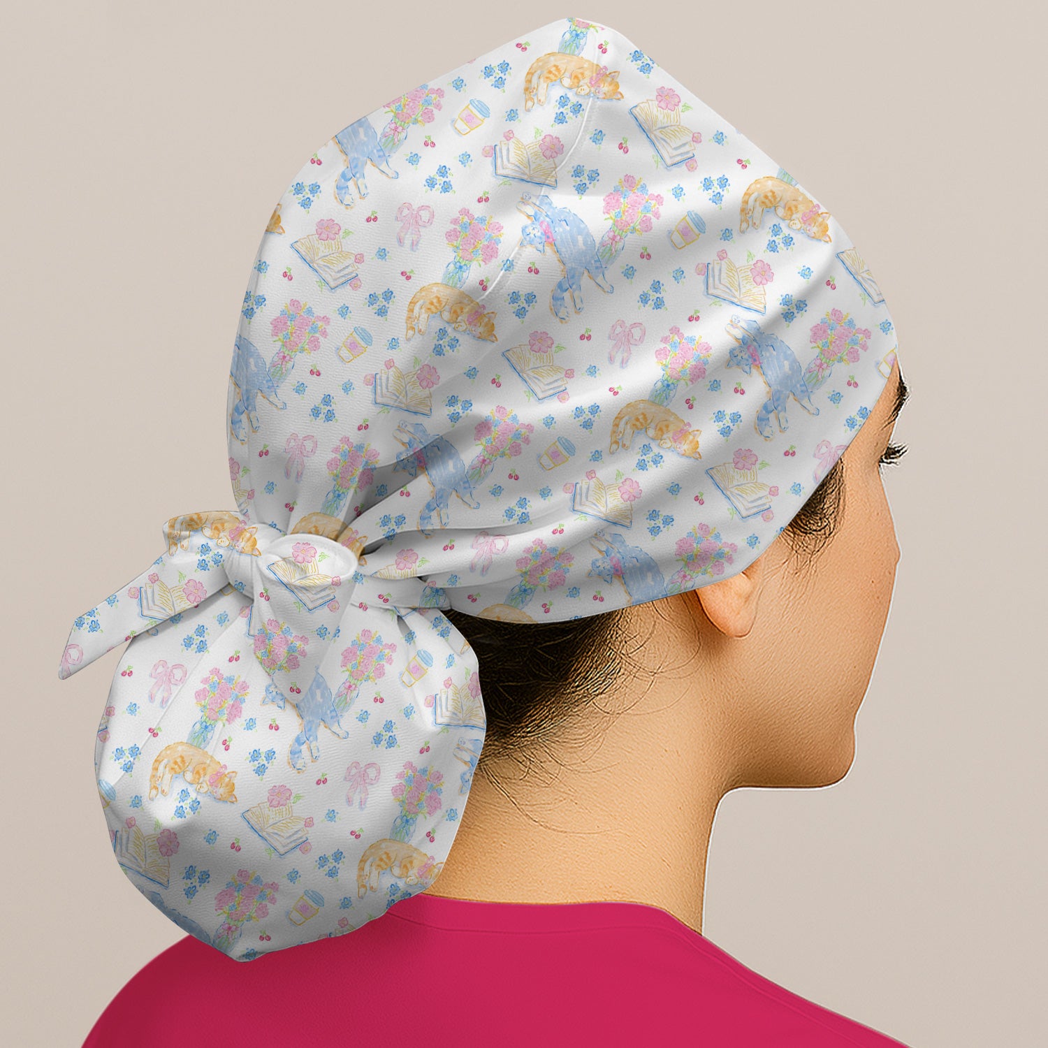 Cute Cats Reading Floral Books Pattern Scrub Cap, Surgical Caps for Doctors