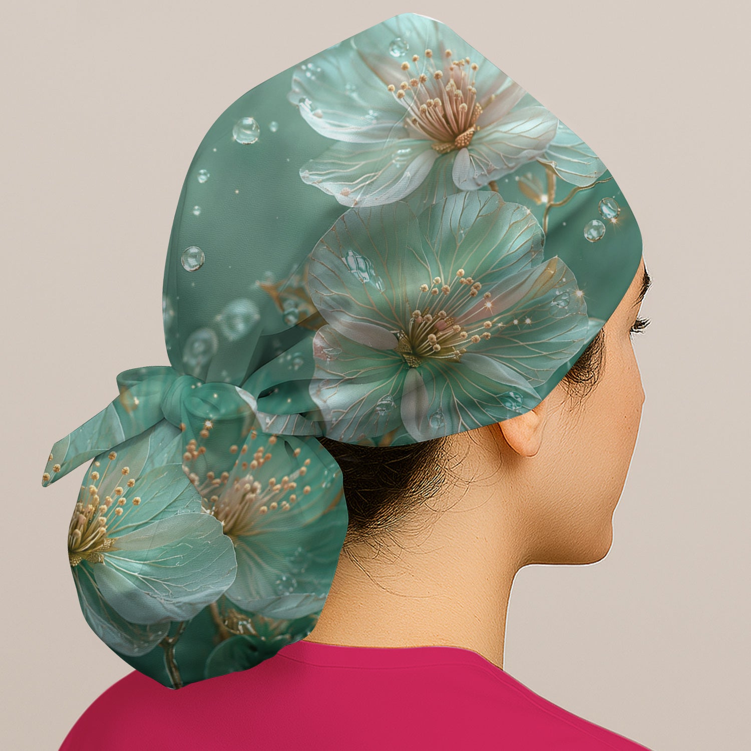 Elegant Mint Blossom Dewdrop Pattern Scrub Cap, Surgical Caps for Doctors
