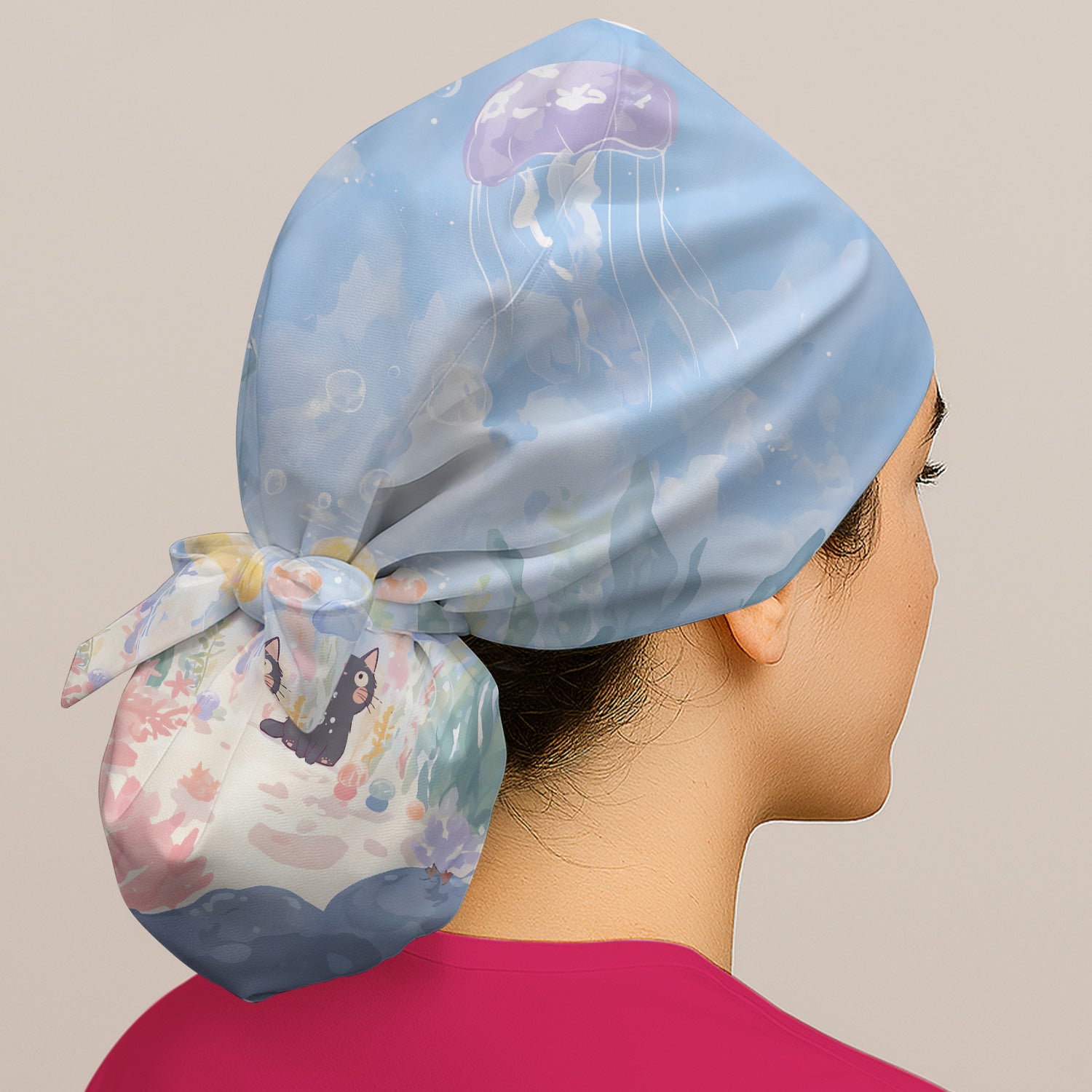 Cute Underwater Black Cat Jellyfish Pattern Surgical Cap, Breathable Fabrics Caps Uniform