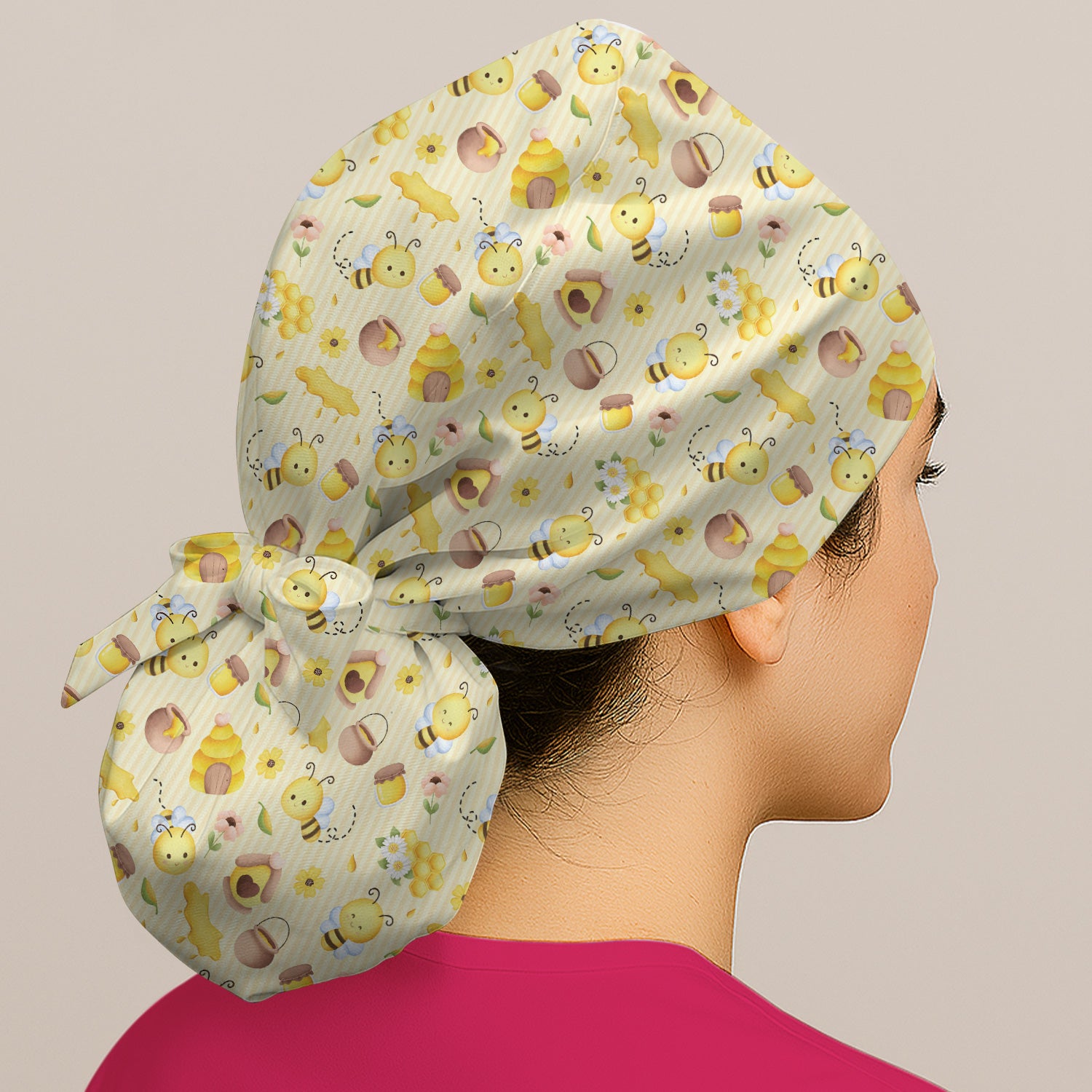 Cute Bee Honey Flower Stripe Pattern Scrub Cap, Breathable Fabrics Caps Uniform