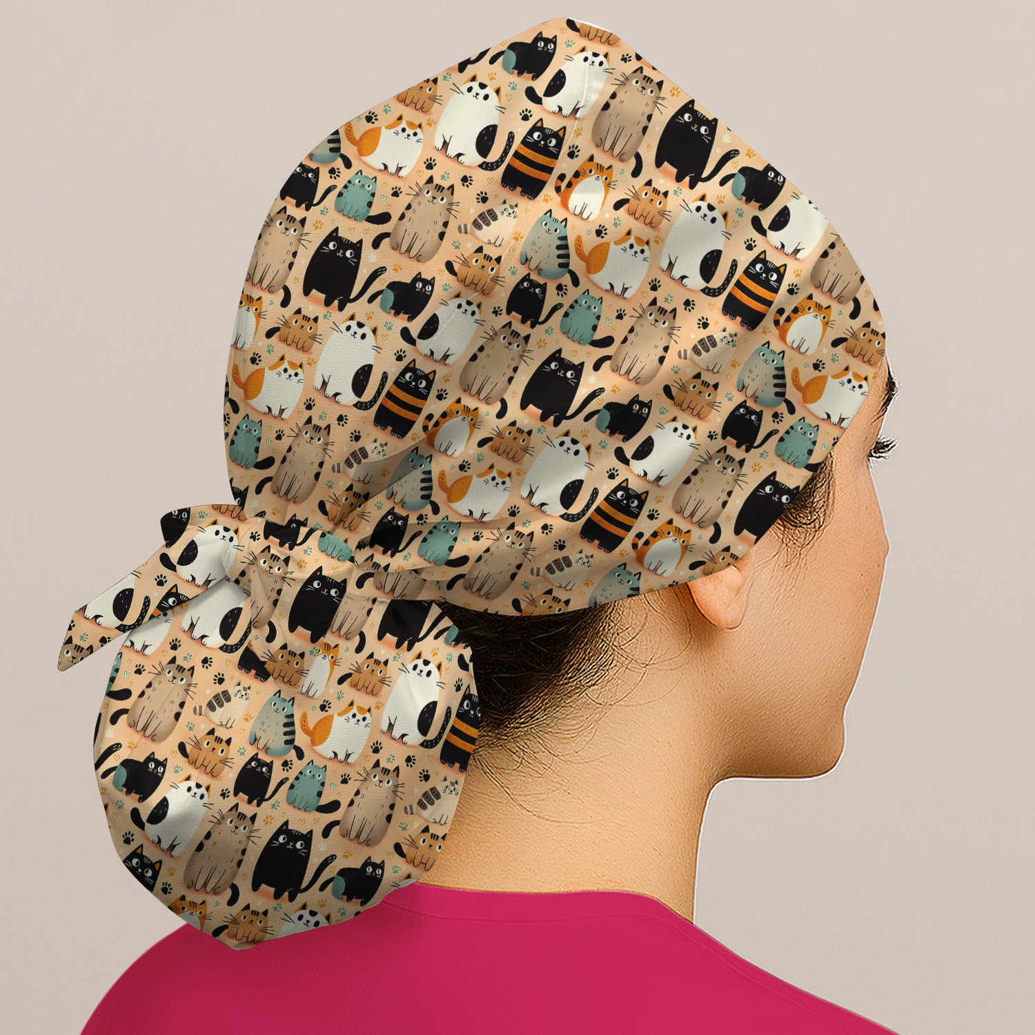 Cat Parade Doodle Pattern Scrub Cap, Bouffant Scrub Caps for Women