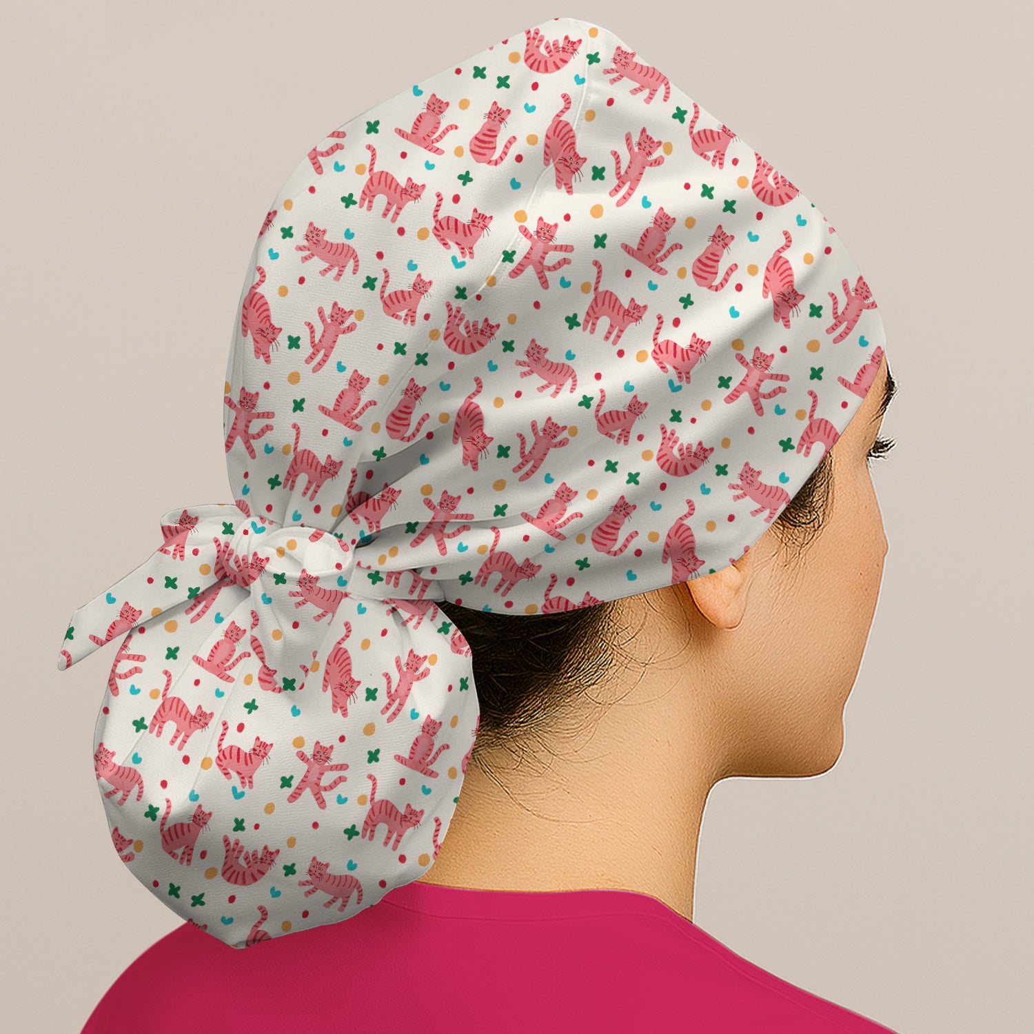 Cute Pink Cat Pattern Bouffant Scrub Caps, Breathable Fabrics Caps Uniform