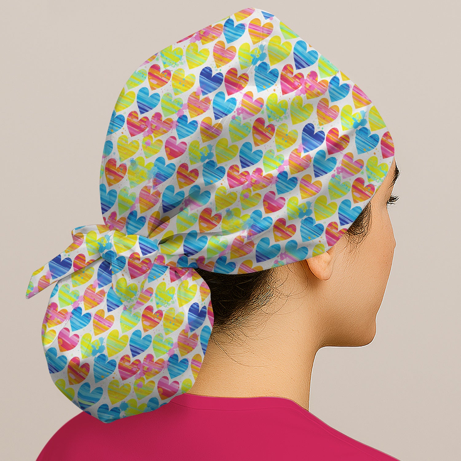 Bright Multicolor Rainbow Heart All Over Print Pattern Cap, Bouffant Scrub Caps for Women