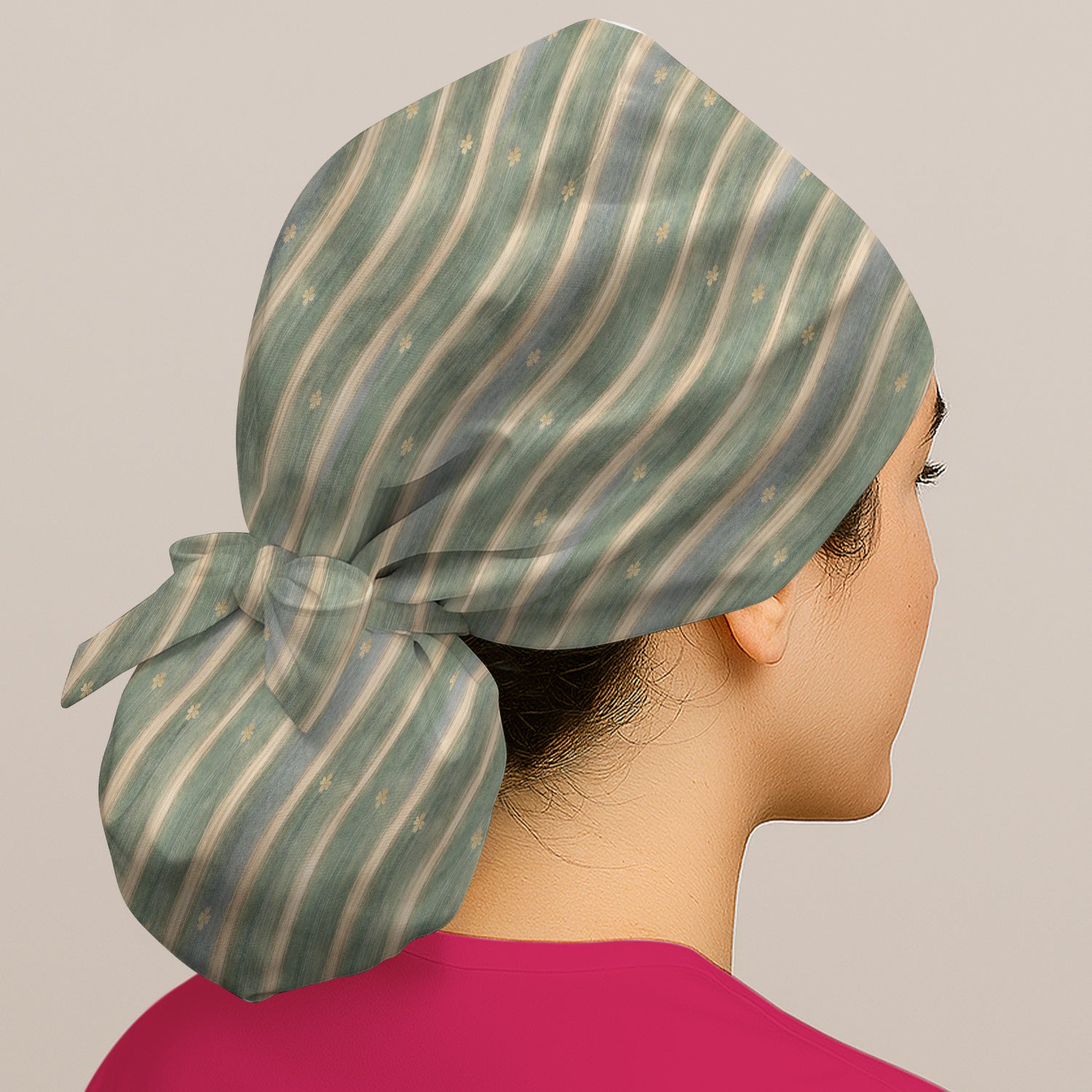 Charming Nurse Green Vertical Stripe Small Floral Pattern Scrub Cap, Bouffant Scrub Caps for Women