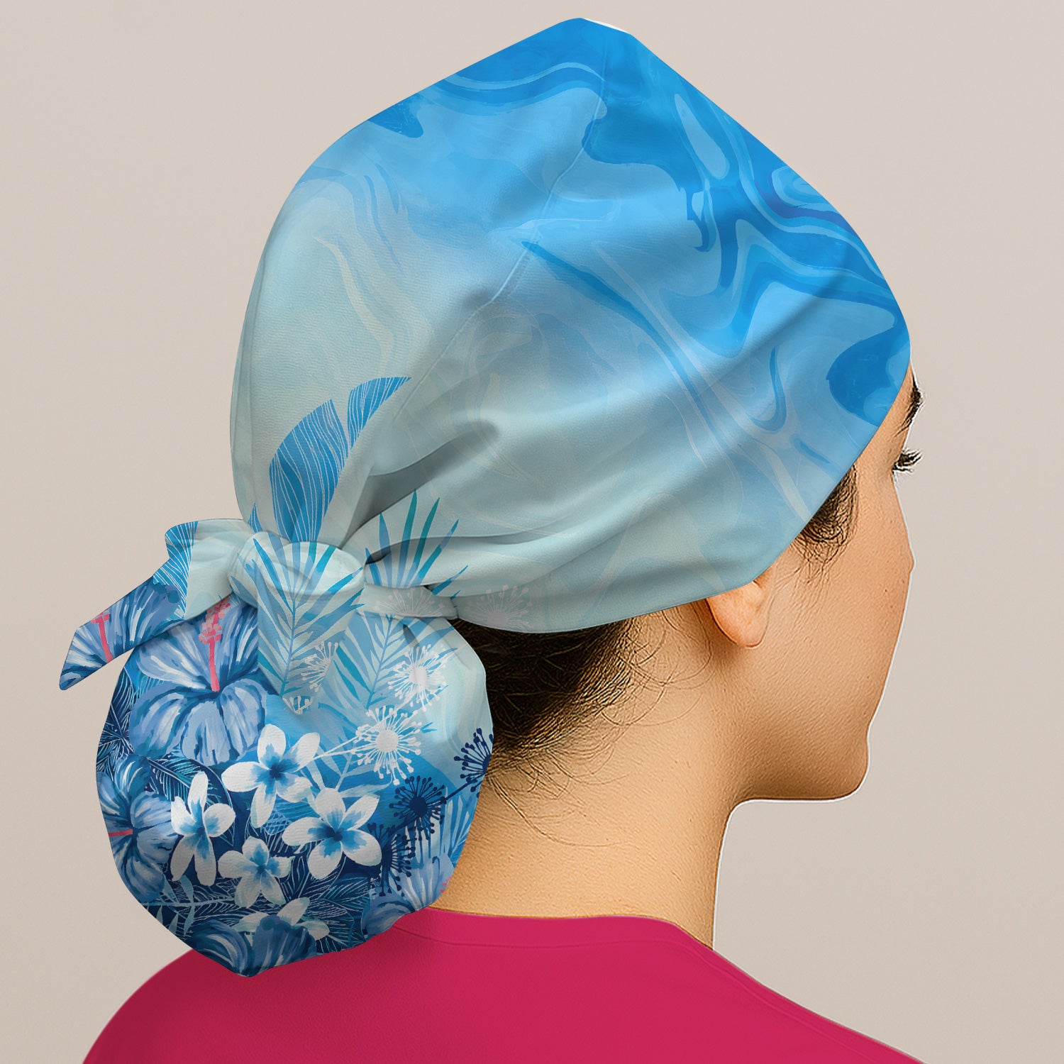 Elegant Blue Tropical Floral Pattern Scrub Cap, Surgical Caps for Doctors