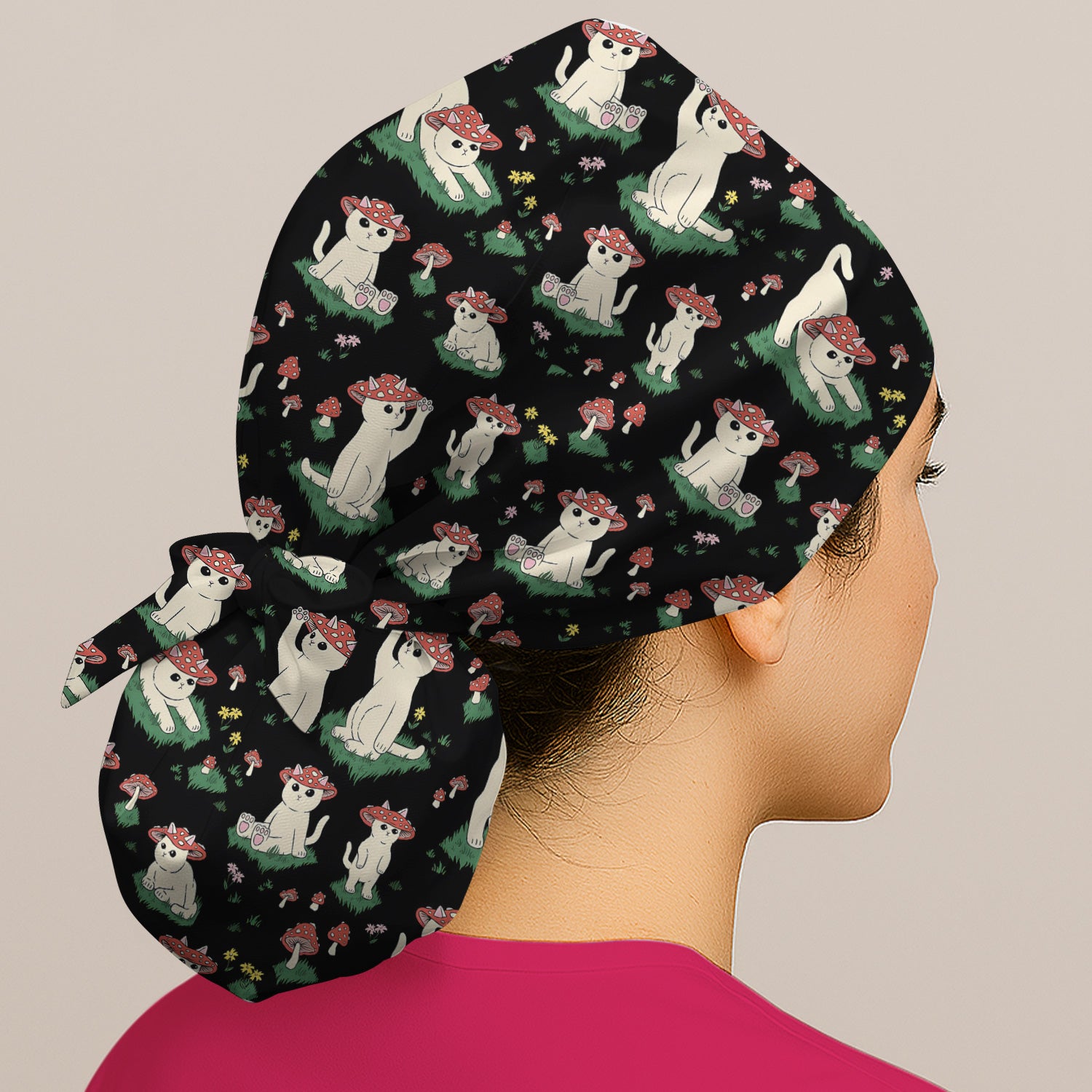 Cute Mushroom Cat Pattern Scrub Cap, Bouffant Scrub Caps for Women