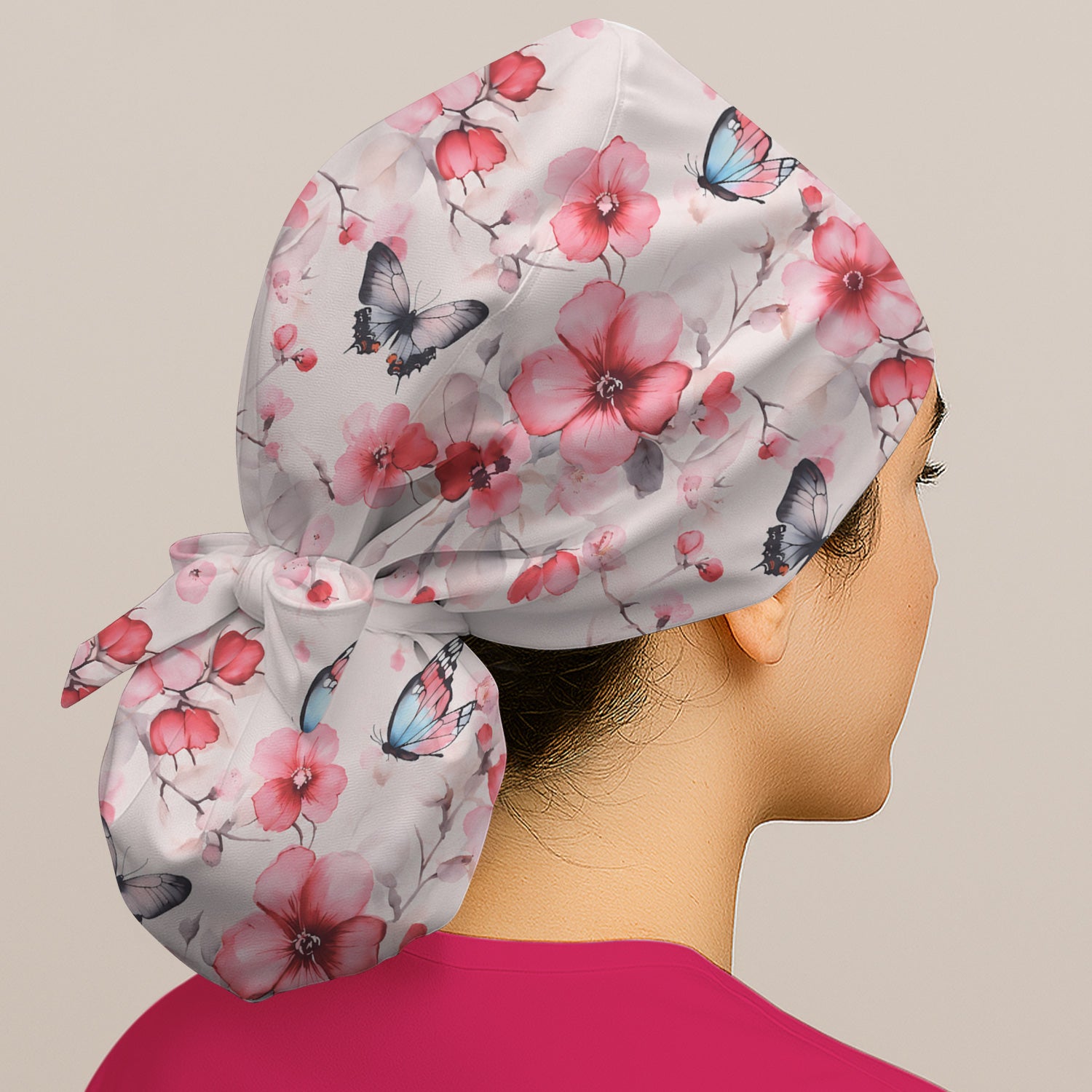 Pink Butterfly Blossom Pattern Scrub Cap, Surgical Caps for Doctors