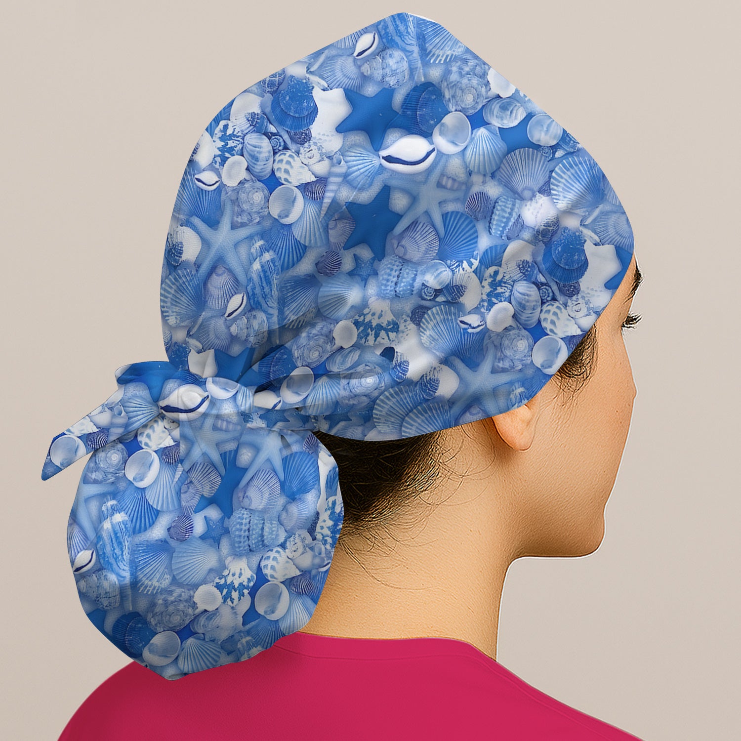 Blue Seashell Starfish Ocean Pattern Scrub Cap, Surgical Caps for Doctors