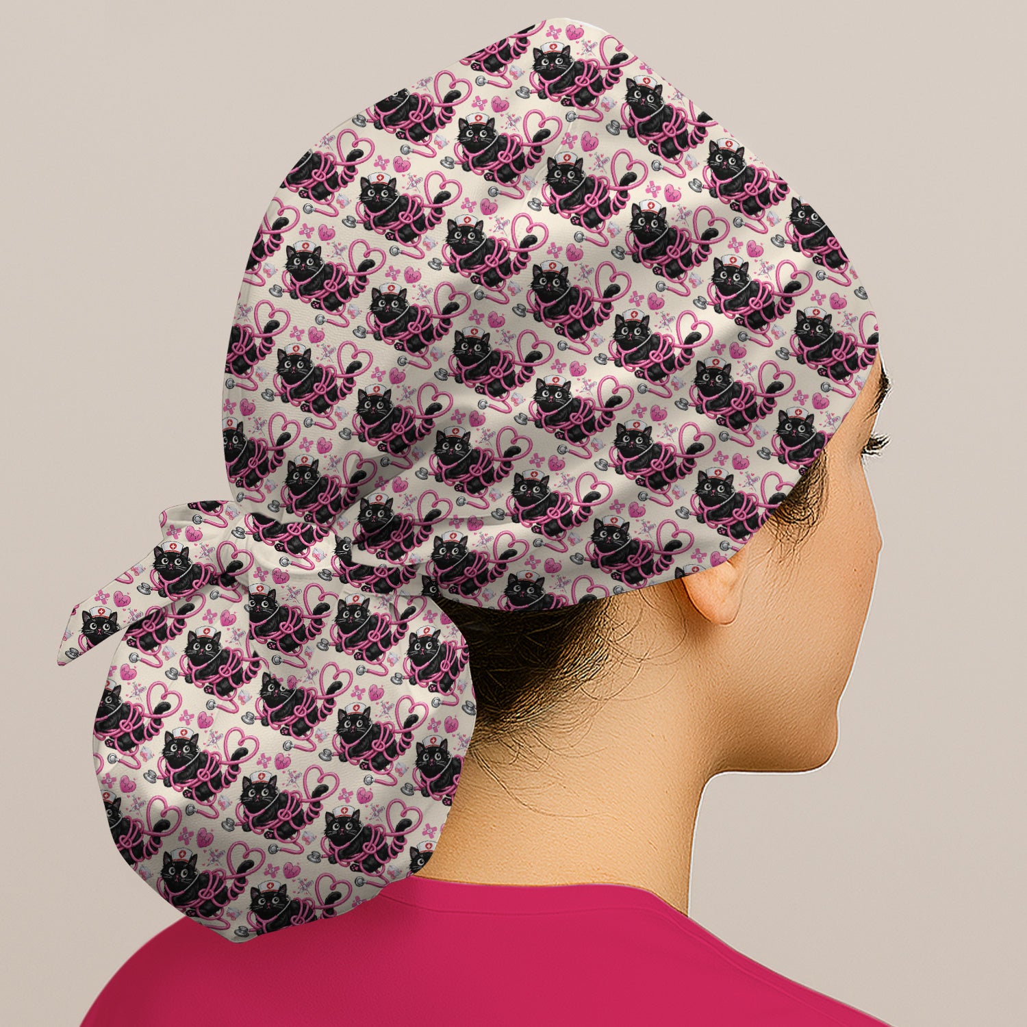Valentine Cute Cat Nurse Heart Print Scrub Cap, Surgical Caps for Doctors