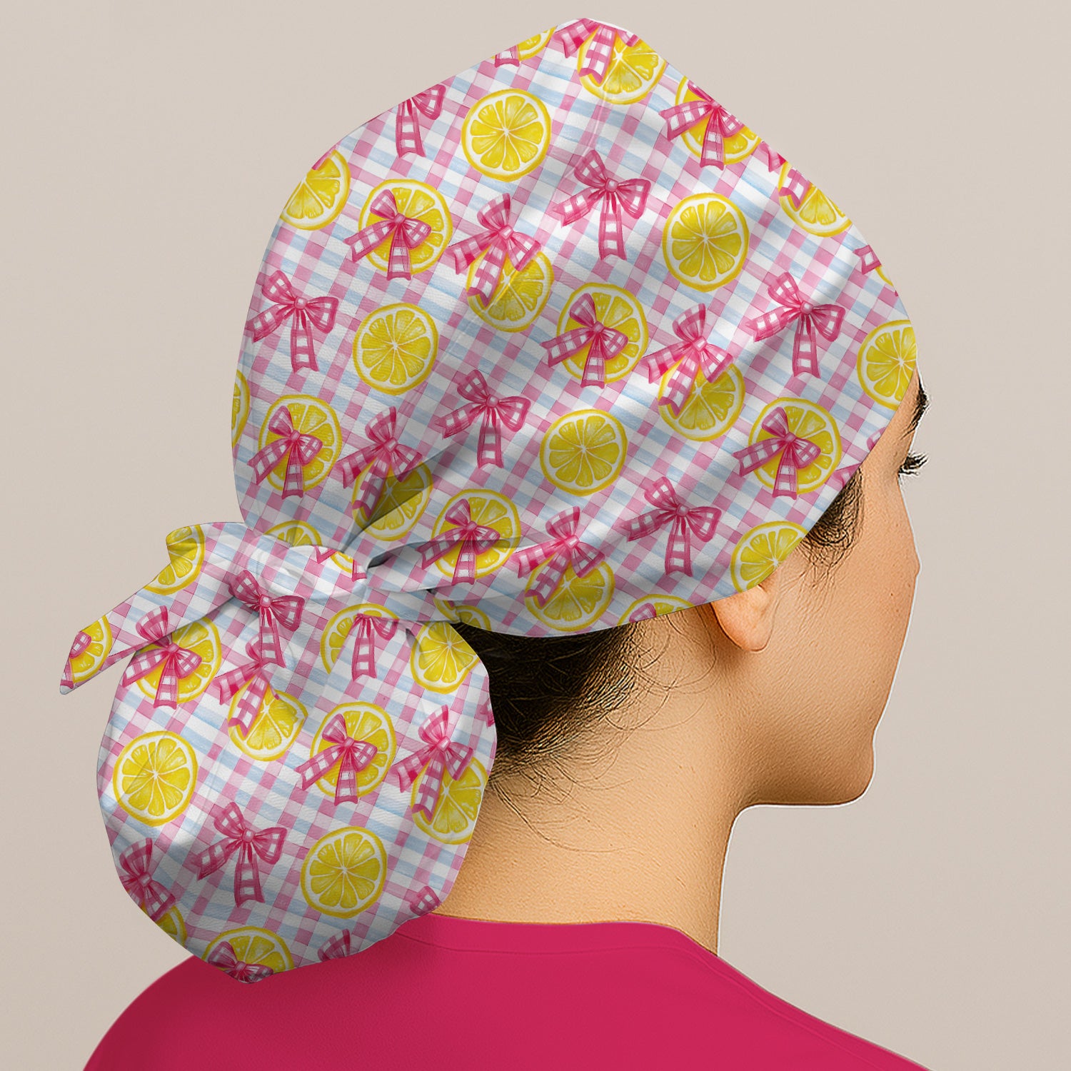 Cute Lemon Slice Pink Bow Gingham Pattern Nurse Scrub Cap, Surgical Caps for Doctors