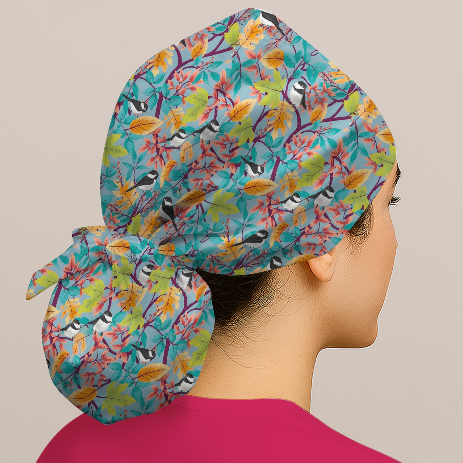Autumn Leaf Chickadee Bird Pattern Bouffant Cap, Surgical Caps for Doctors