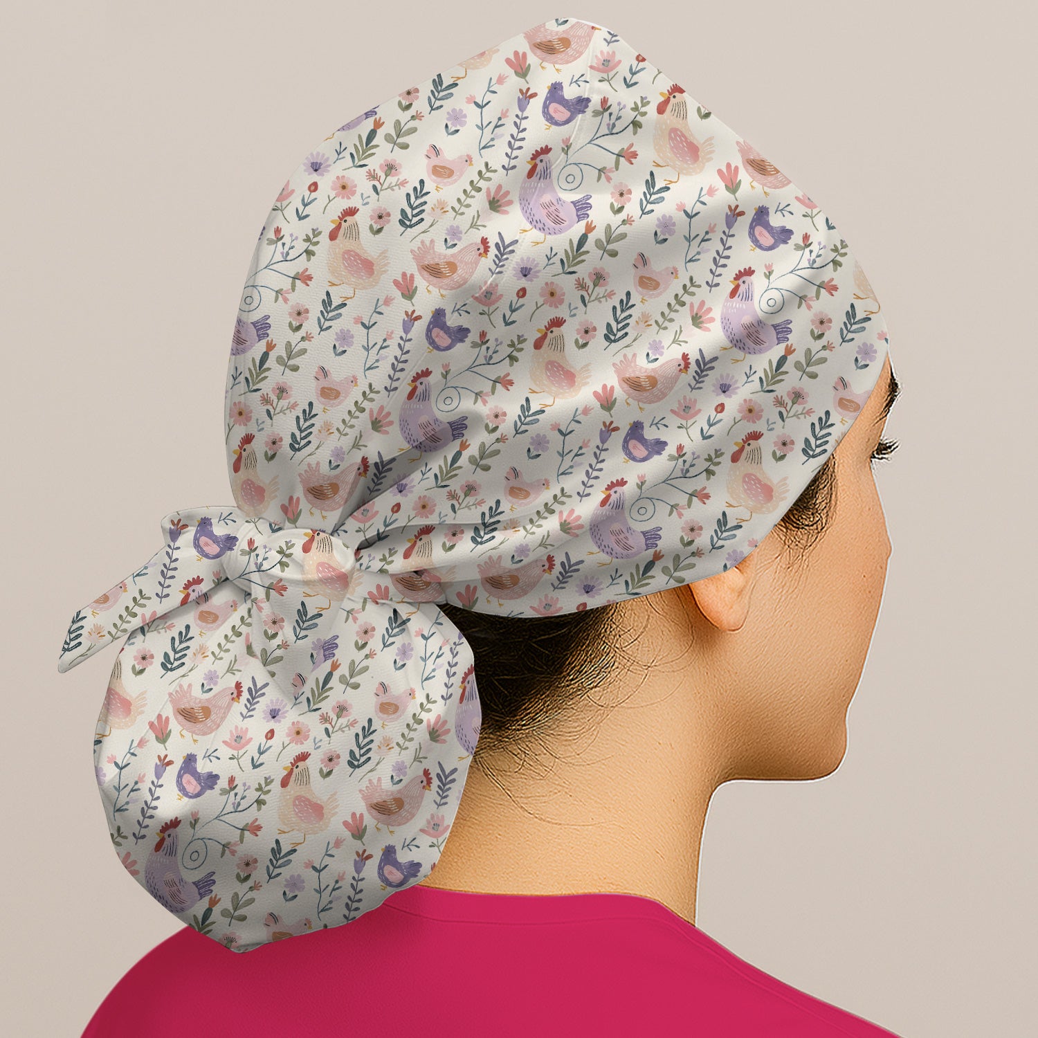 Cute Farm Chicken Floral Garden Pattern Nurse Scrub Cap, Surgical Caps for Doctors