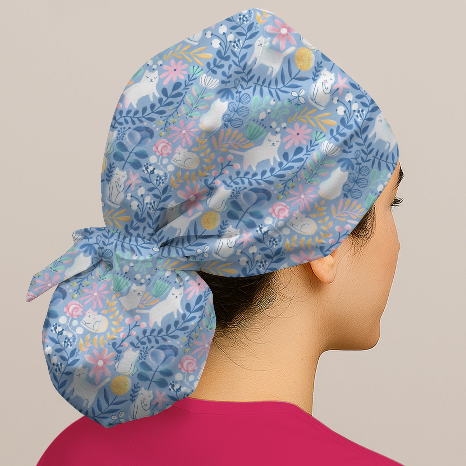 Whimsical Cat Floral Pattern Scrub Cap, Breathable Fabrics Caps Uniform