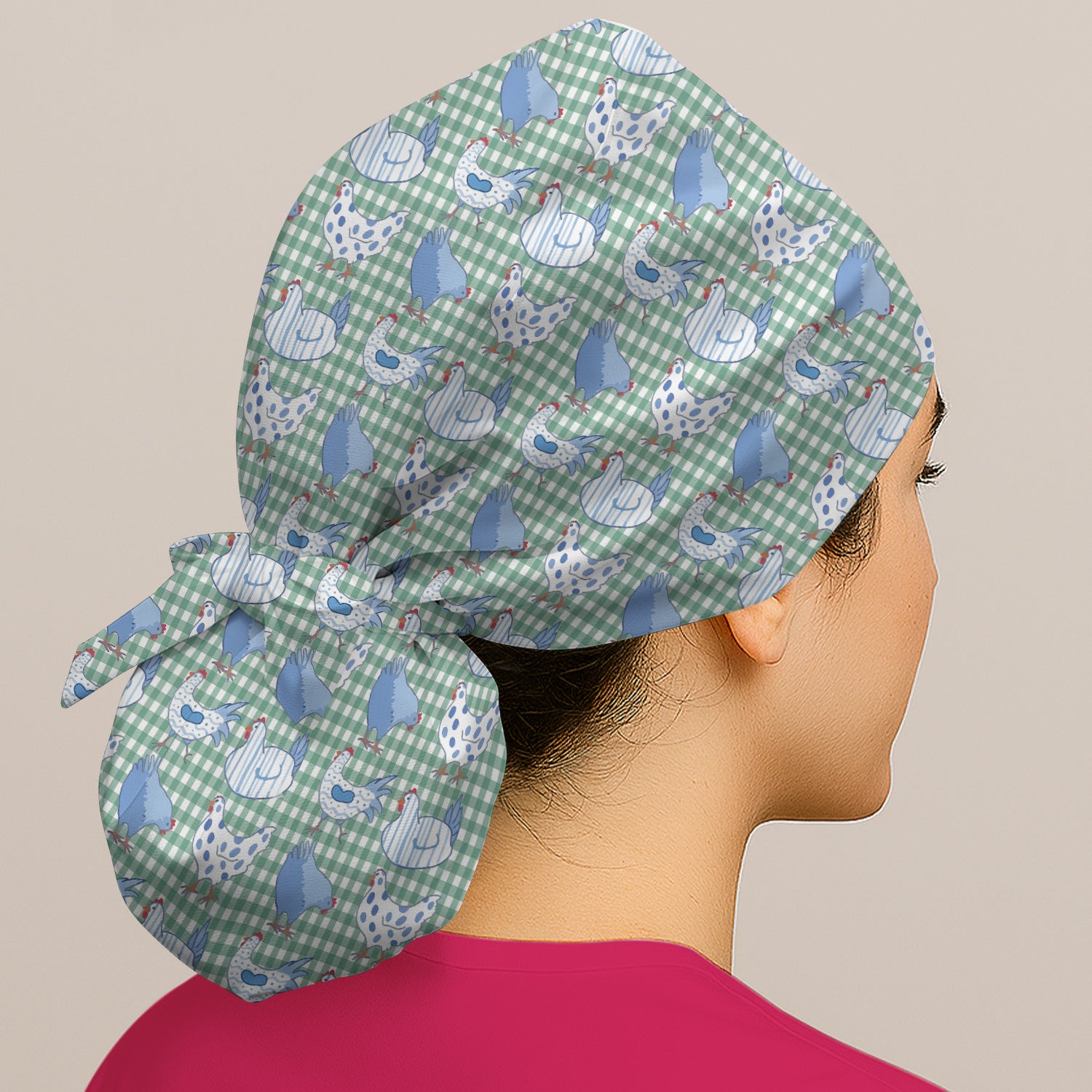 Blue Chicken Gingham Pattern Scrub Cap, Bouffant Scrub Caps for Women