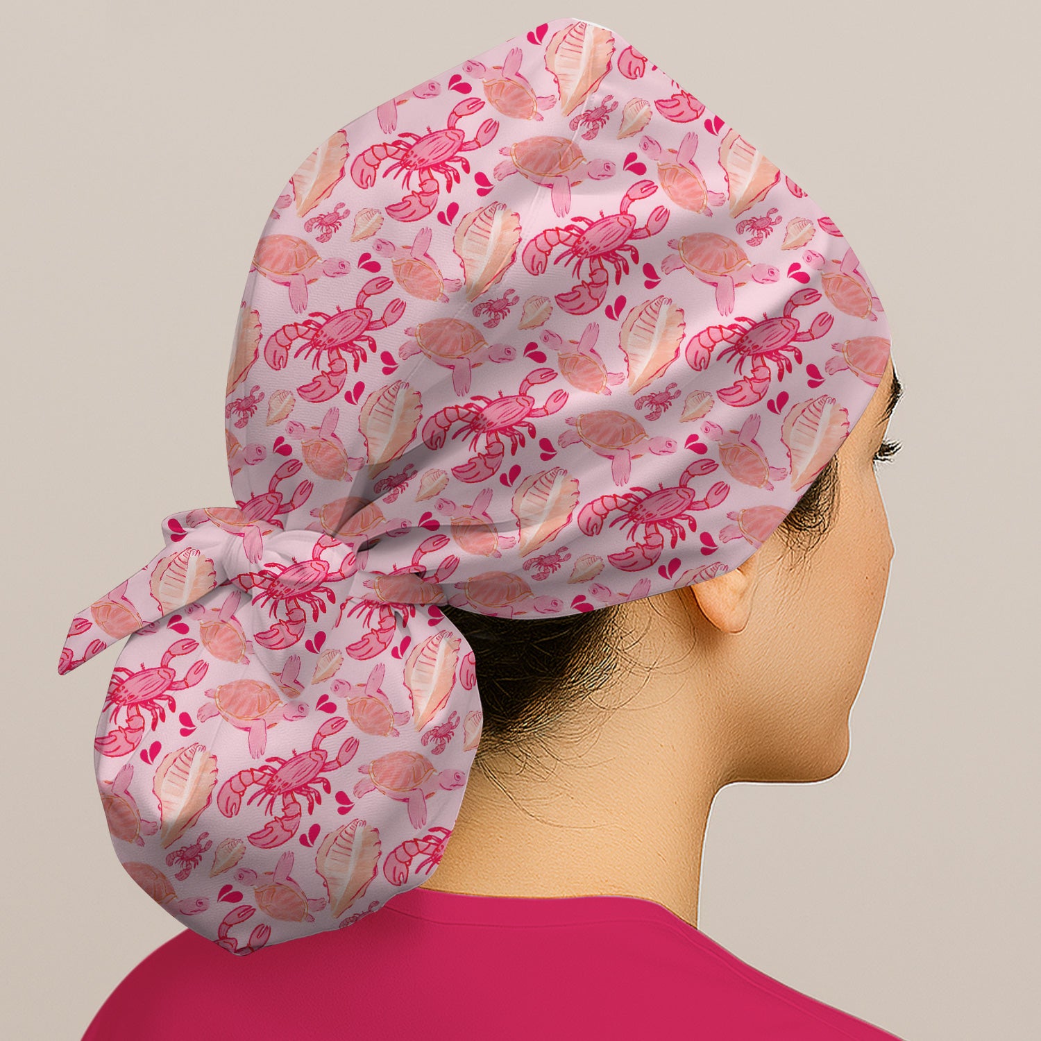 Pink Sea Turtle Lobster Shell Pattern Scrub Cap, Bouffant Scrub Caps for Women
