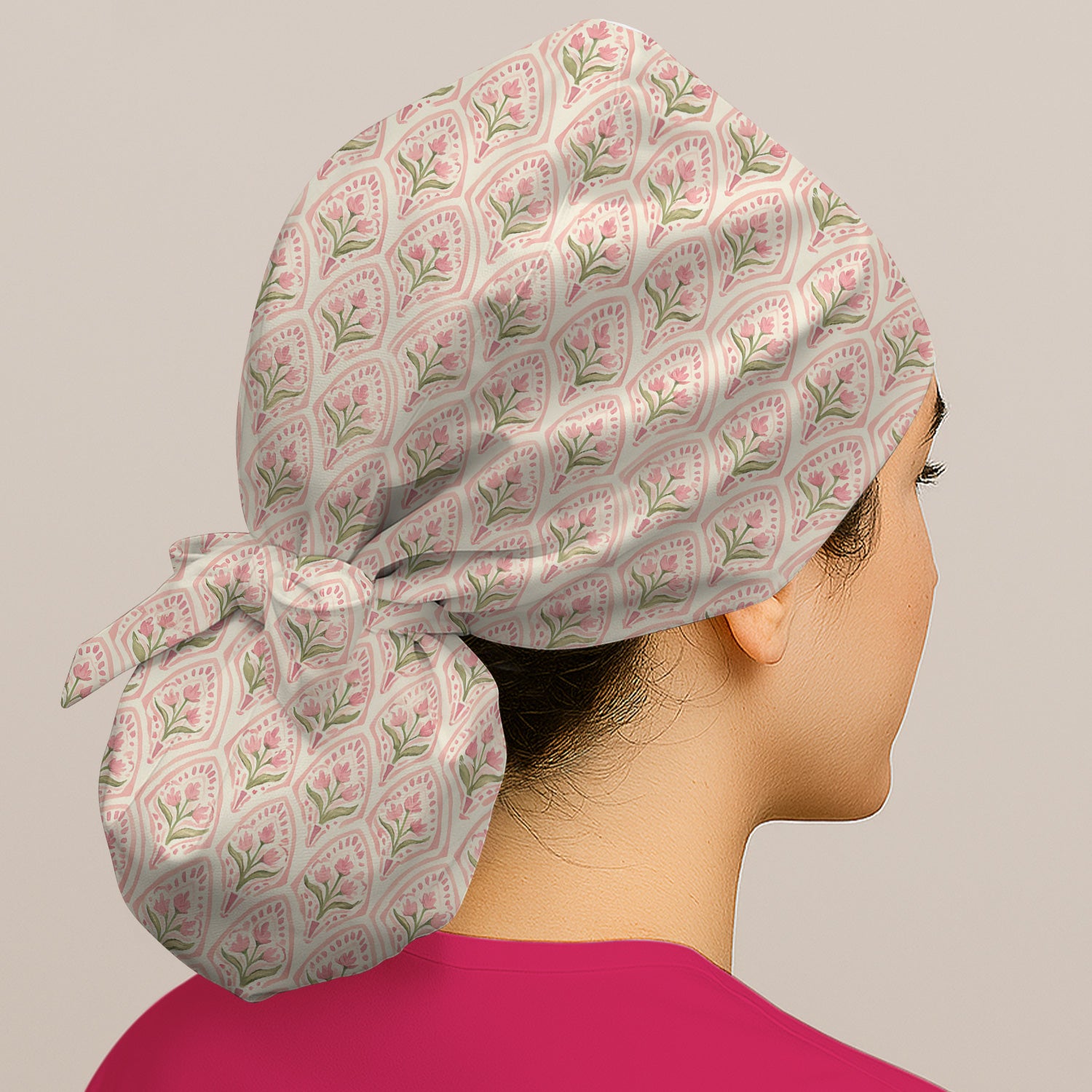 Pink Tulip Floral Arch Pattern Scrub Cap, Bouffant Scrub Caps for Women
