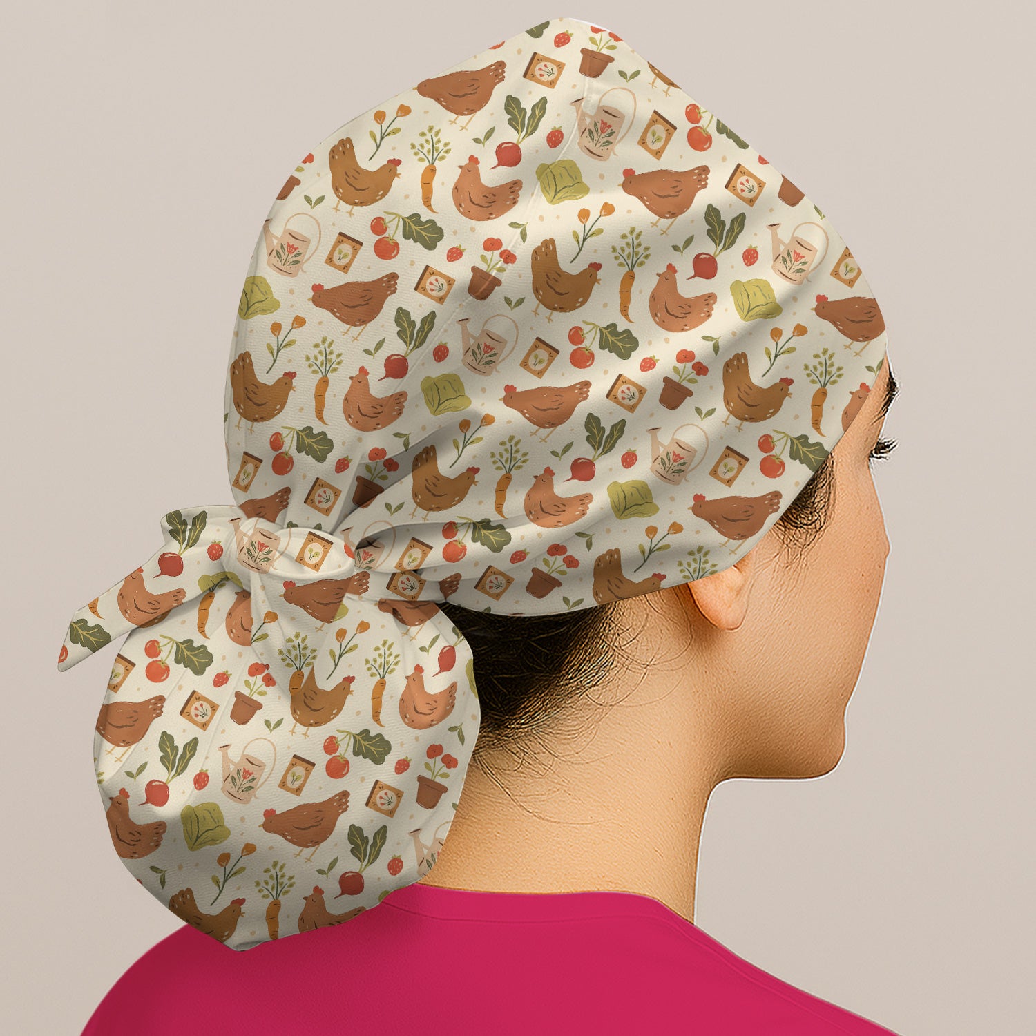 Rustic Farm Chicken Garden Vegetable Pattern Nurse Scrub Cap, Surgical Caps for Doctors