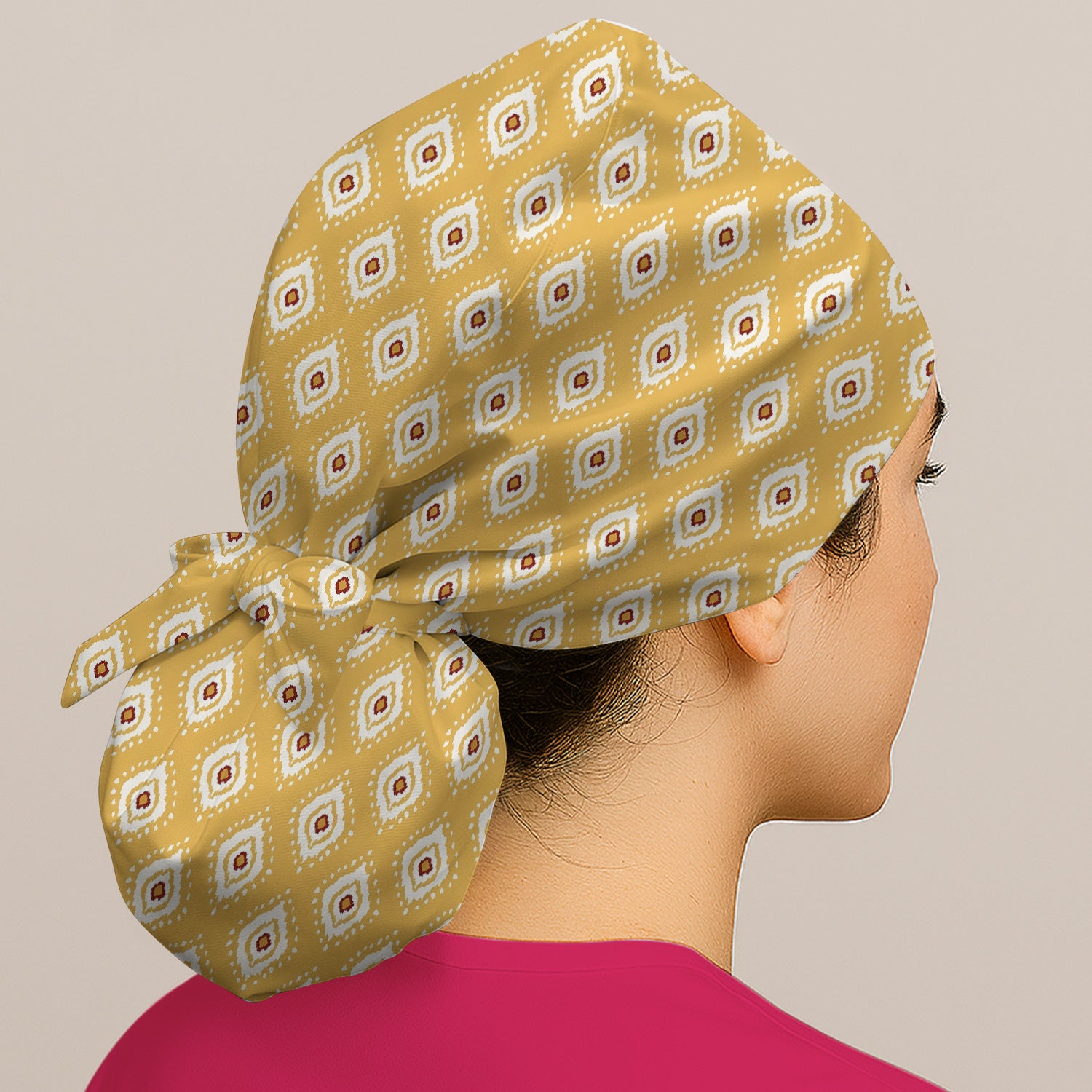 Cute Mustard Geometric Ikat Nurse Pattern Scrub Cap, Bouffant Scrub Caps for Women