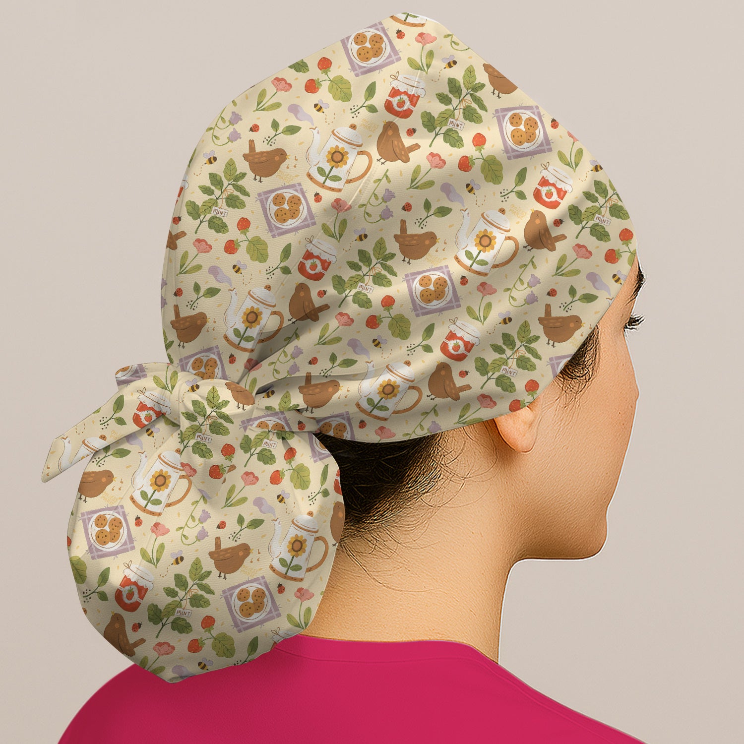 Cute Garden Tea Bird Strawberry Pattern Scrub Cap, Surgical Caps for Doctors