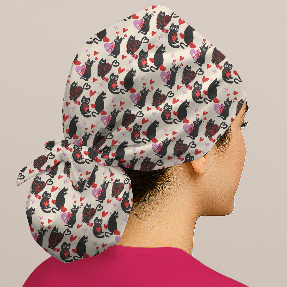 Valentine’s Day Scrub Cap, Cute Black Cat With Heart Pattern Nurse Hat, Breathable Fabrics Nursing Uniform