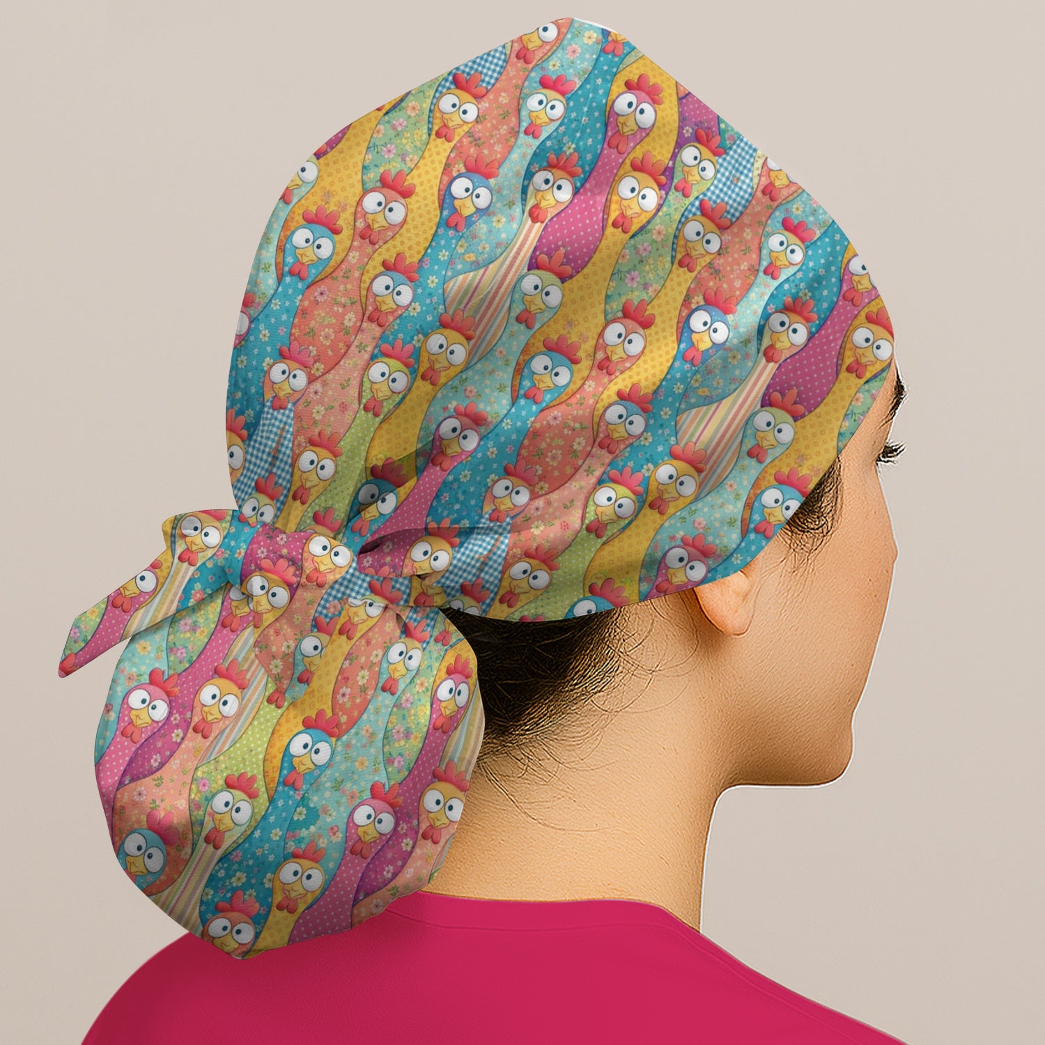 Funny Colorful Chicken Farm Cartoon Print Cap, Surgical Caps for Nurses