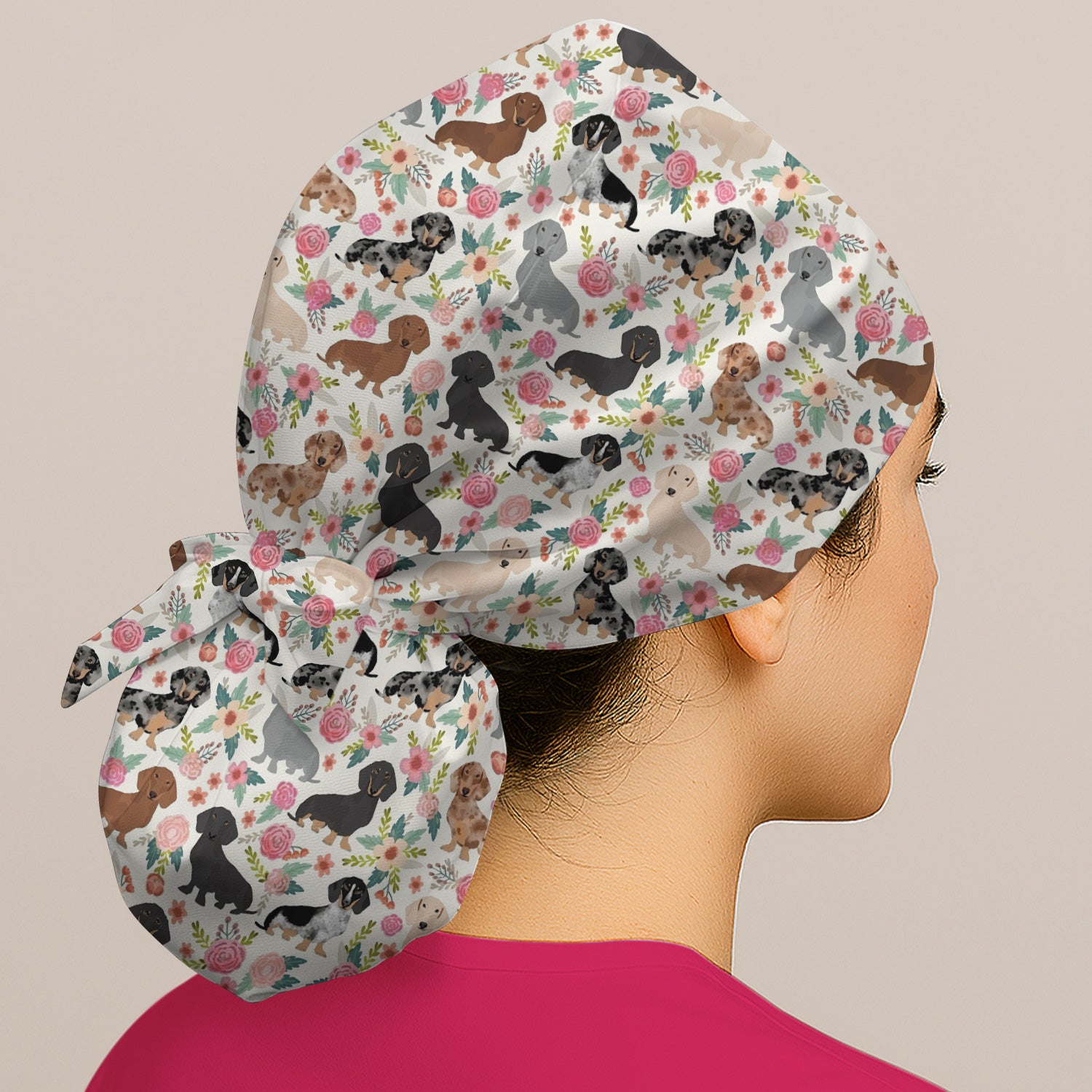 Adorable Dachshund Floral Pattern Scrub Cap, Breathable Fabrics Caps Uniform
