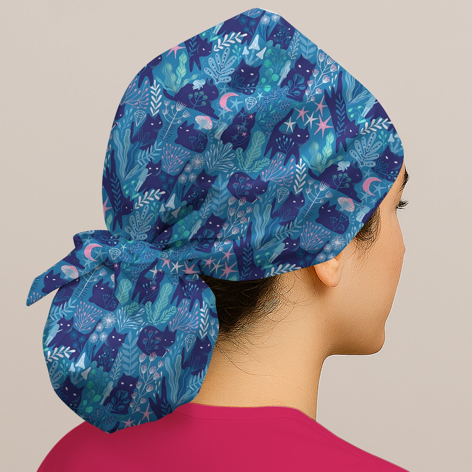 Adorable Celestial Cat Moon Star Pattern Scrub Cap, Breathable Fabrics Caps Uniform
