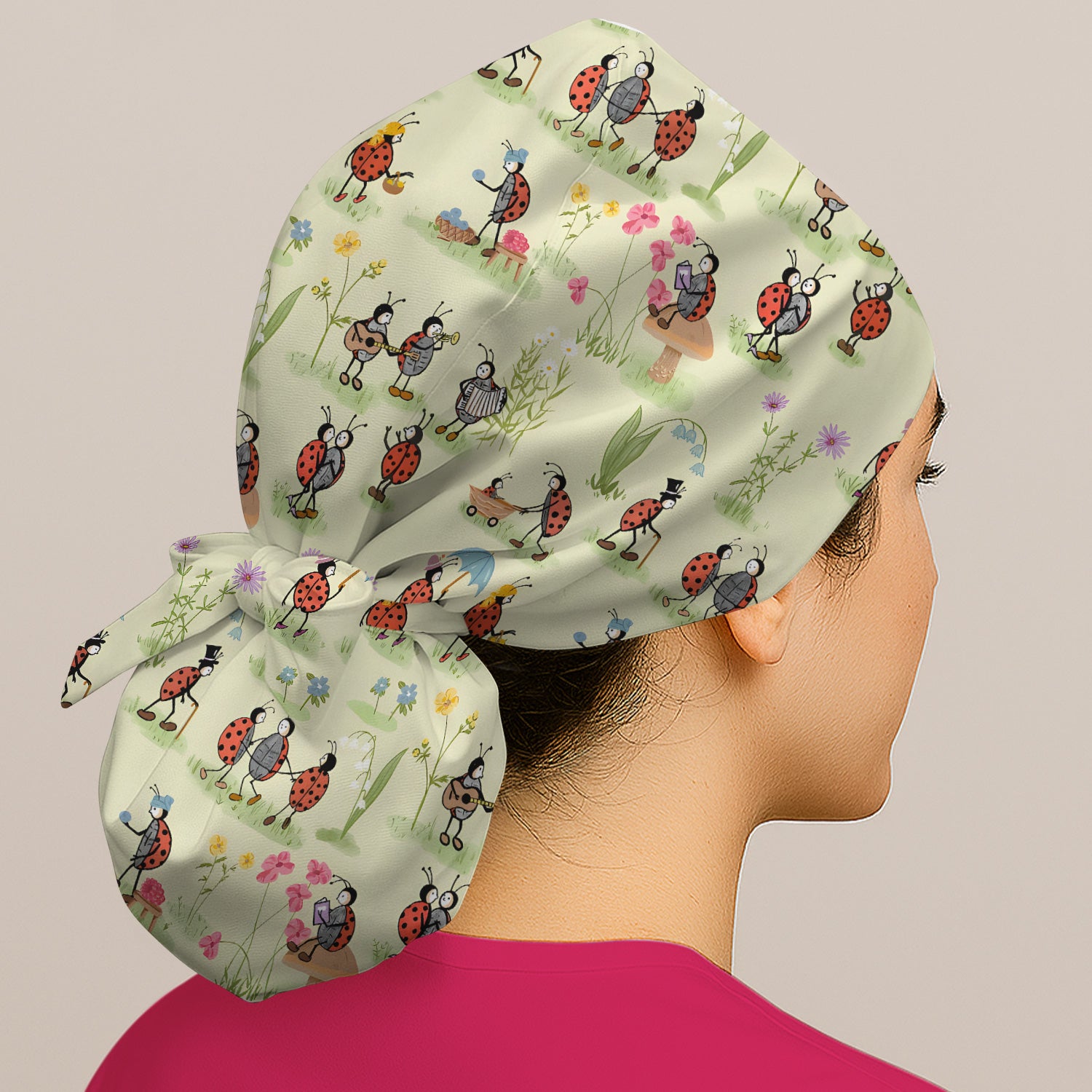 Whimsical Ladybug Garden Activity Pattern Scrub Cap, Breathable Fabrics Caps Uniform