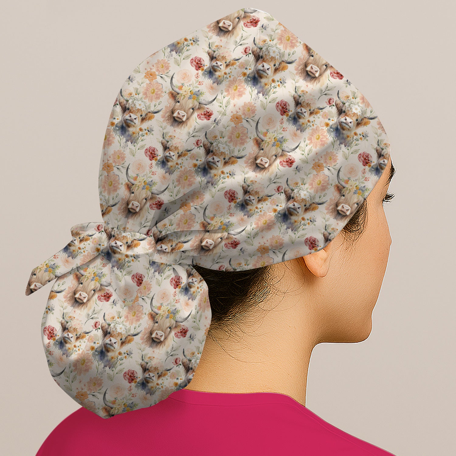 Cute Highland Cow Floral Pattern Scrub Cap, Surgical Caps for Doctors