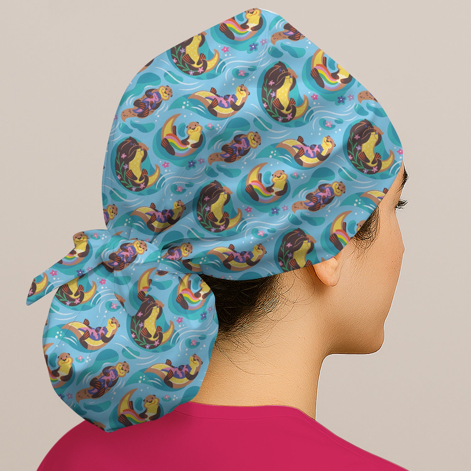 Otter Floating River Rainbow Pattern Nurse Scrub Cap, Surgical Caps for Doctors