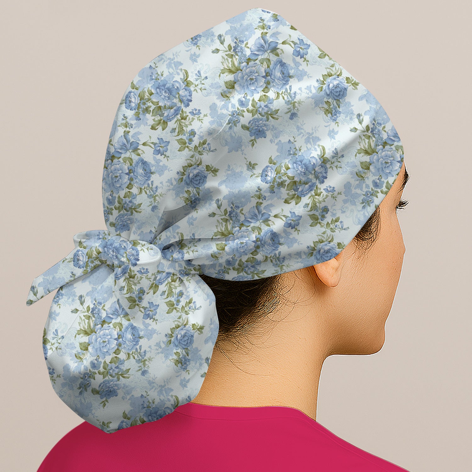 Cute Blue Floral Pattern Scrub Cap, Breathable Fabrics Caps Uniform