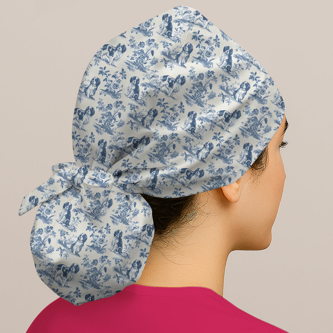 Dog Pattern Toile De Jouy Scrub Cap, Vintage Dog Print Nurse Scrub Hat, Cute Vet Tech Uniform
