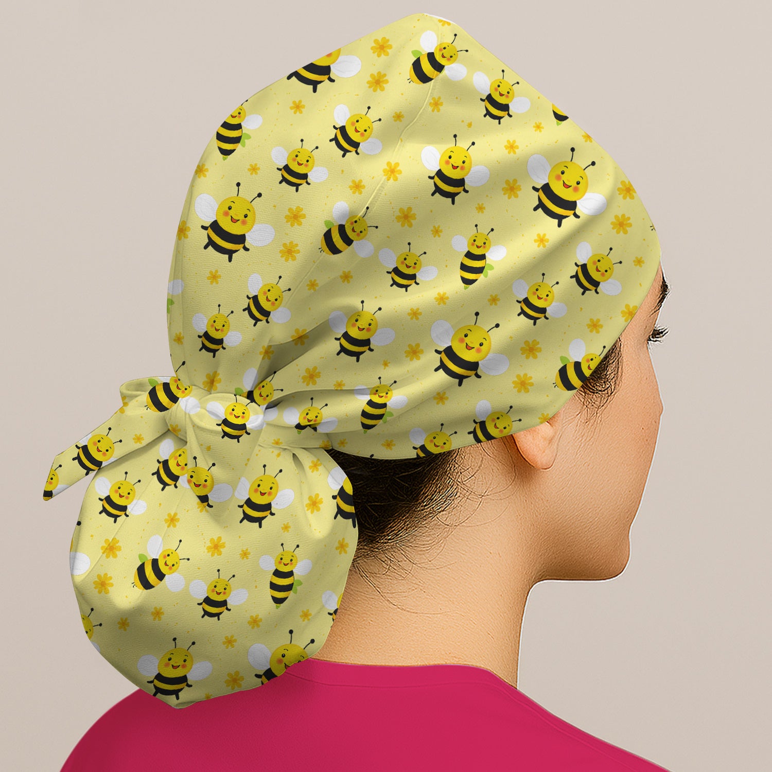 Cute Smiling Bee Yellow Floral Print Caps, Surgical Caps for Doctors