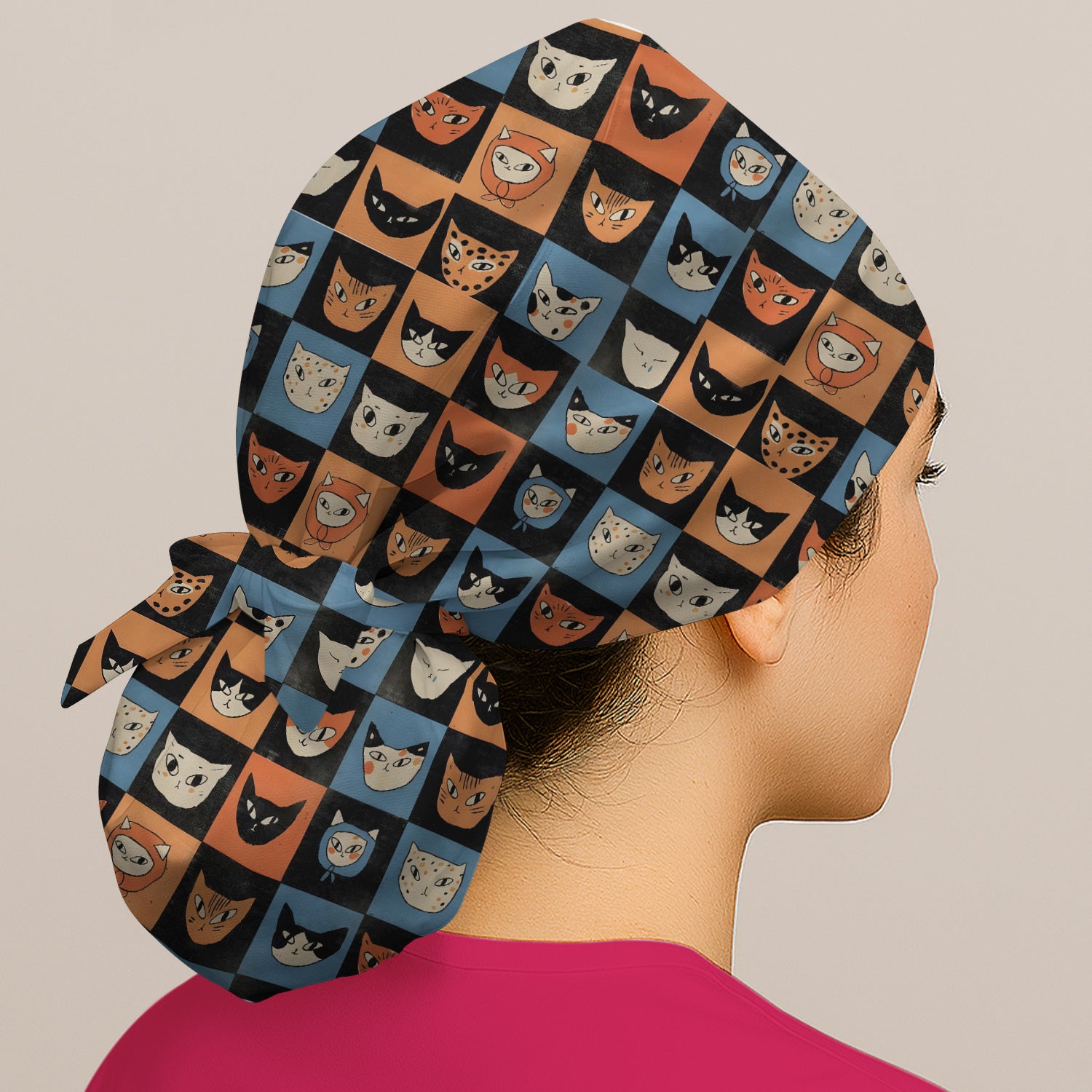 Cute Retro Cat Faces Checkerboard Print Scrub Cap, Breathable Fabrics Caps Uniform