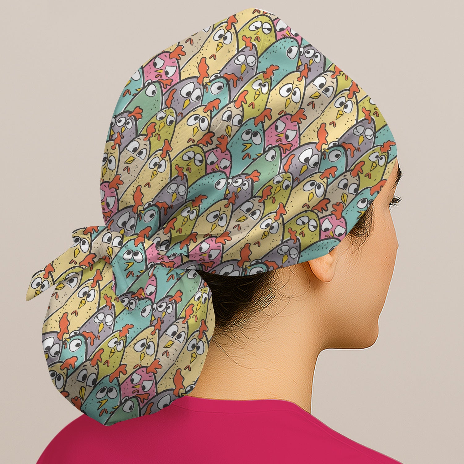 Funny Cartoon Chicken Crowd Pattern Scrub Cap, Bouffant Scrub Caps for Women