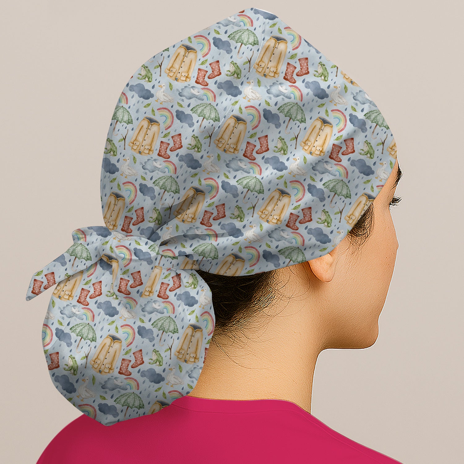 Cute Rainy Day Ducks & Frog Rainbow Pattern Scrub Cap, Surgical Caps for Doctors