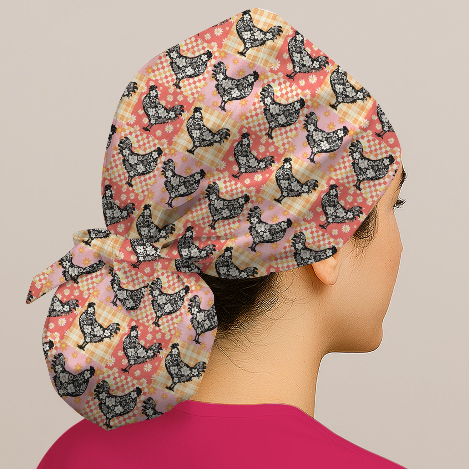 Cute Floral Chicken Patchwork Print Scrub Cap, Breathable Fabrics Caps Uniform