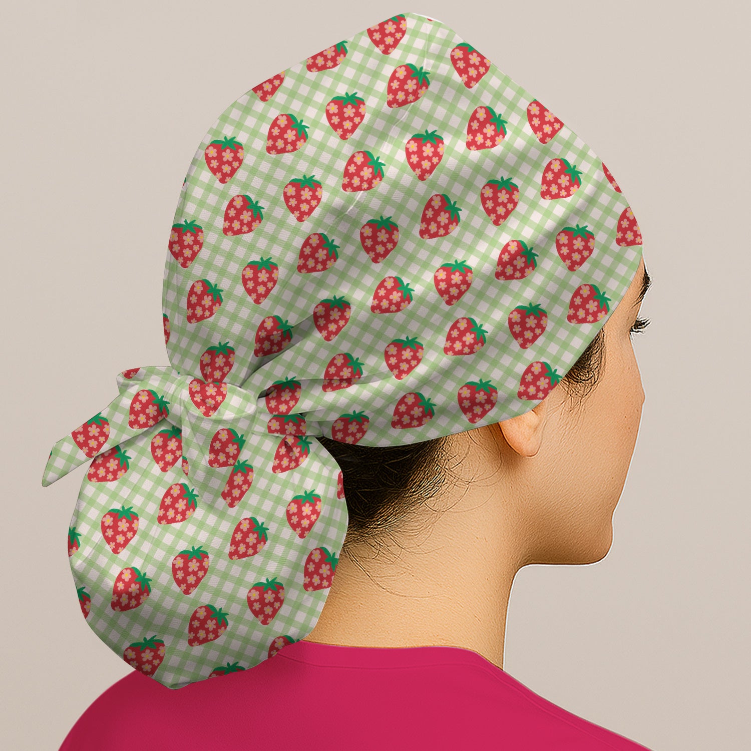 Sweet Strawberry Gingham Print Cap, Surgical Caps for Nurses