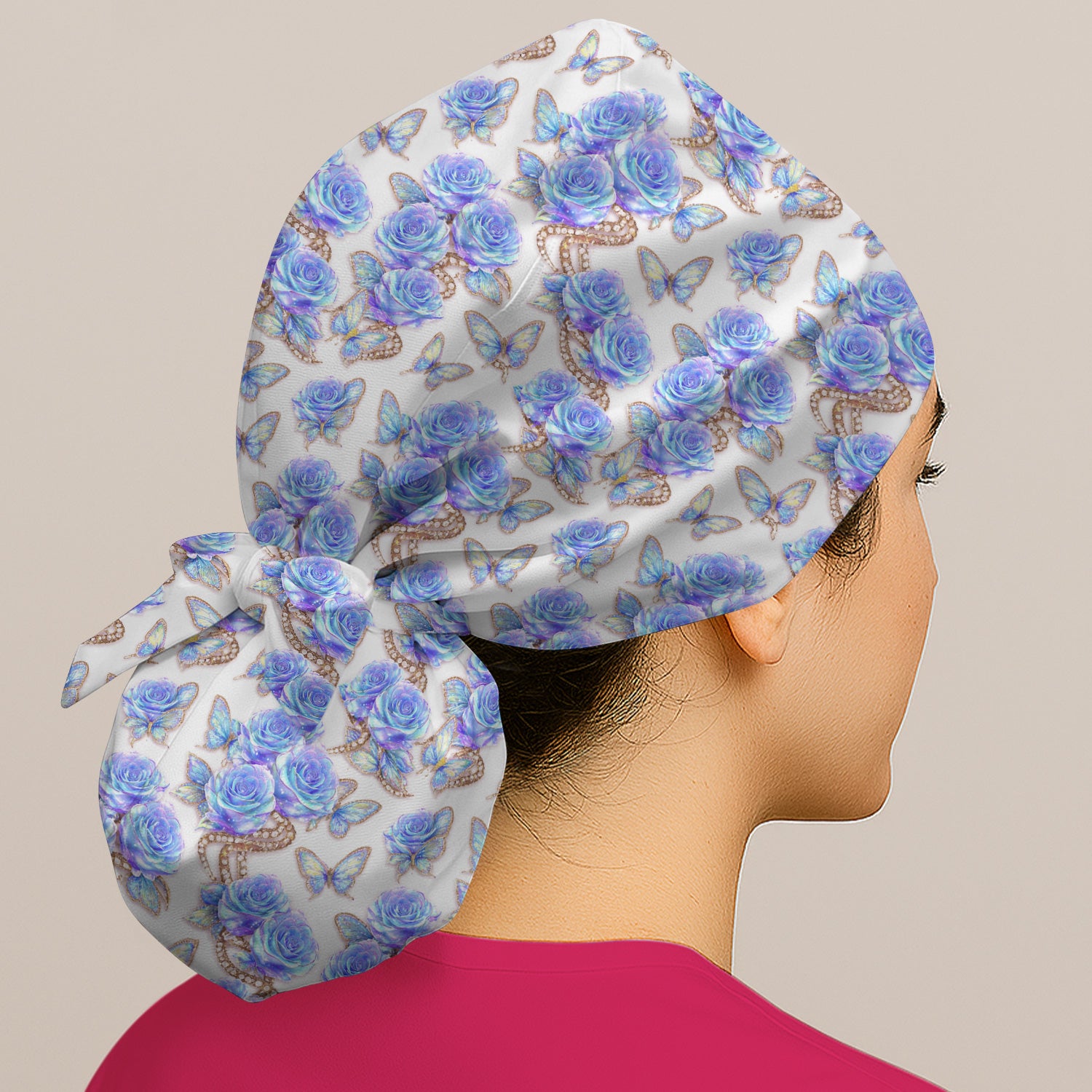 Elegant Blue Rose Floral Scrub Cap, Comfortable Bouffant Cap for Nurses
