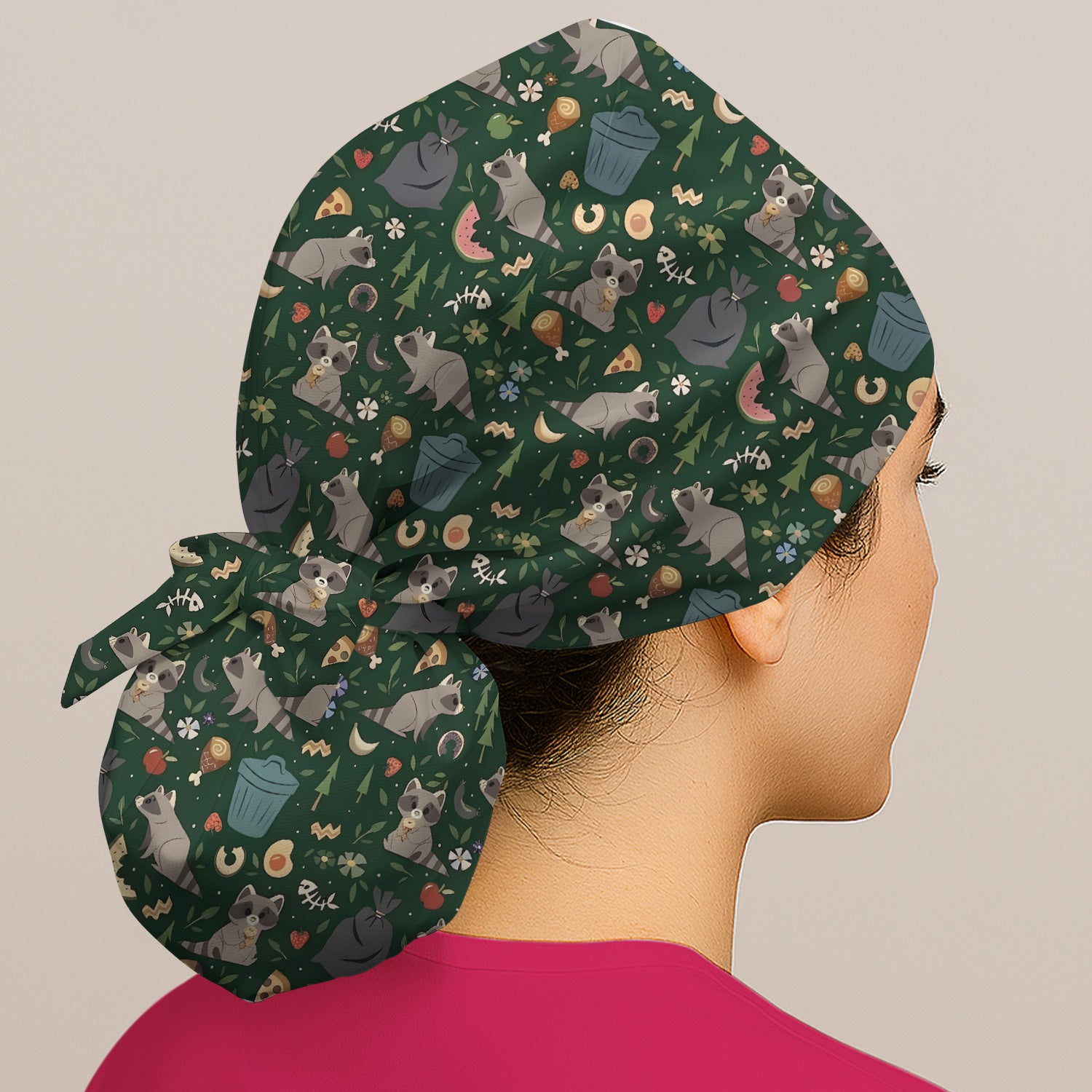 Cute Raccoon Forest Food Pattern Print Cap, Adjustable Nurse Surgical Cap